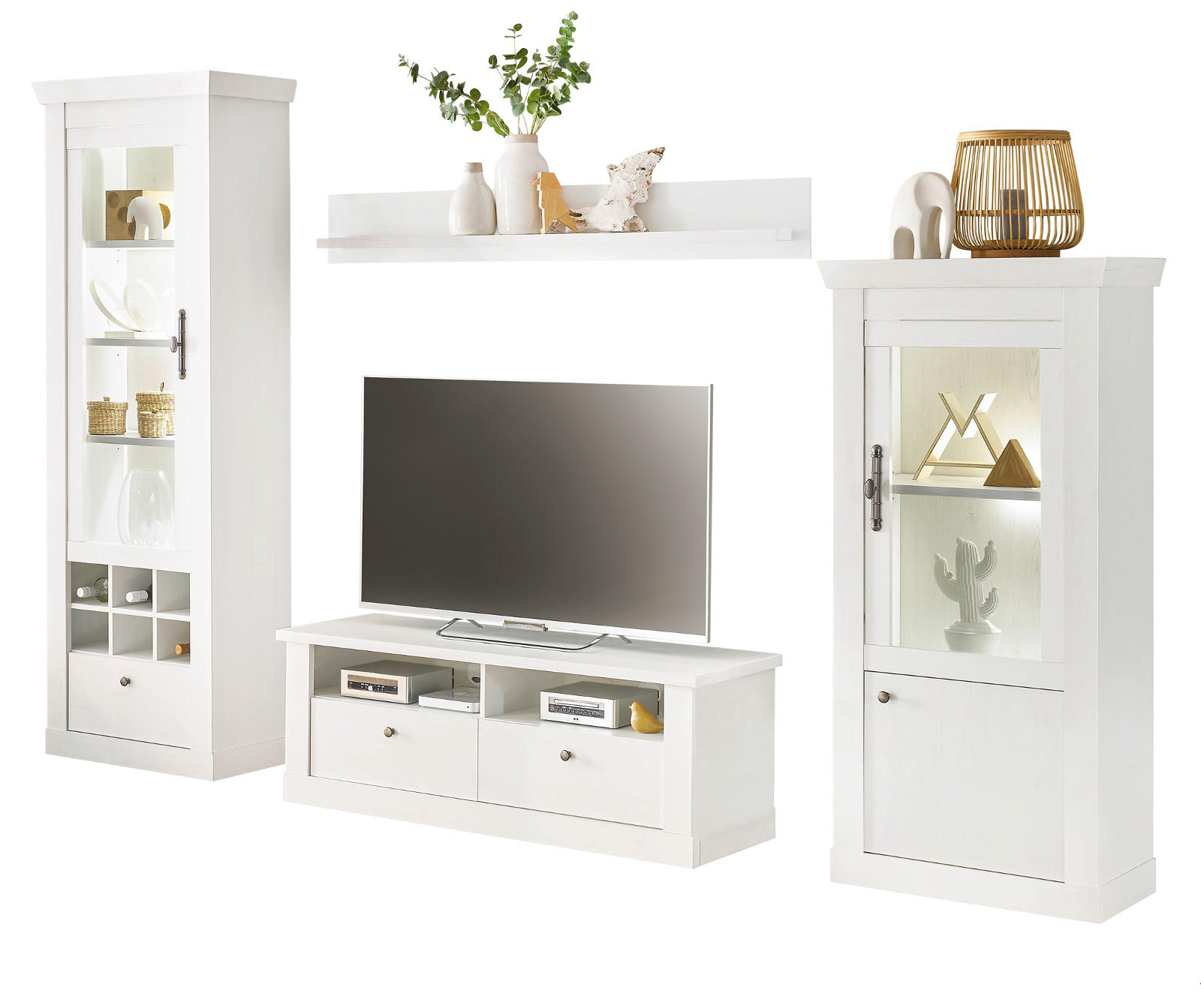 WOHNWAND weiß Pinie Landhaus, Wohnkombination 4-teilig, Soft-Close-Funktion - Weiß, Holzwerkstoff/Kunststoff (299/201/45cm) - Furn.Design