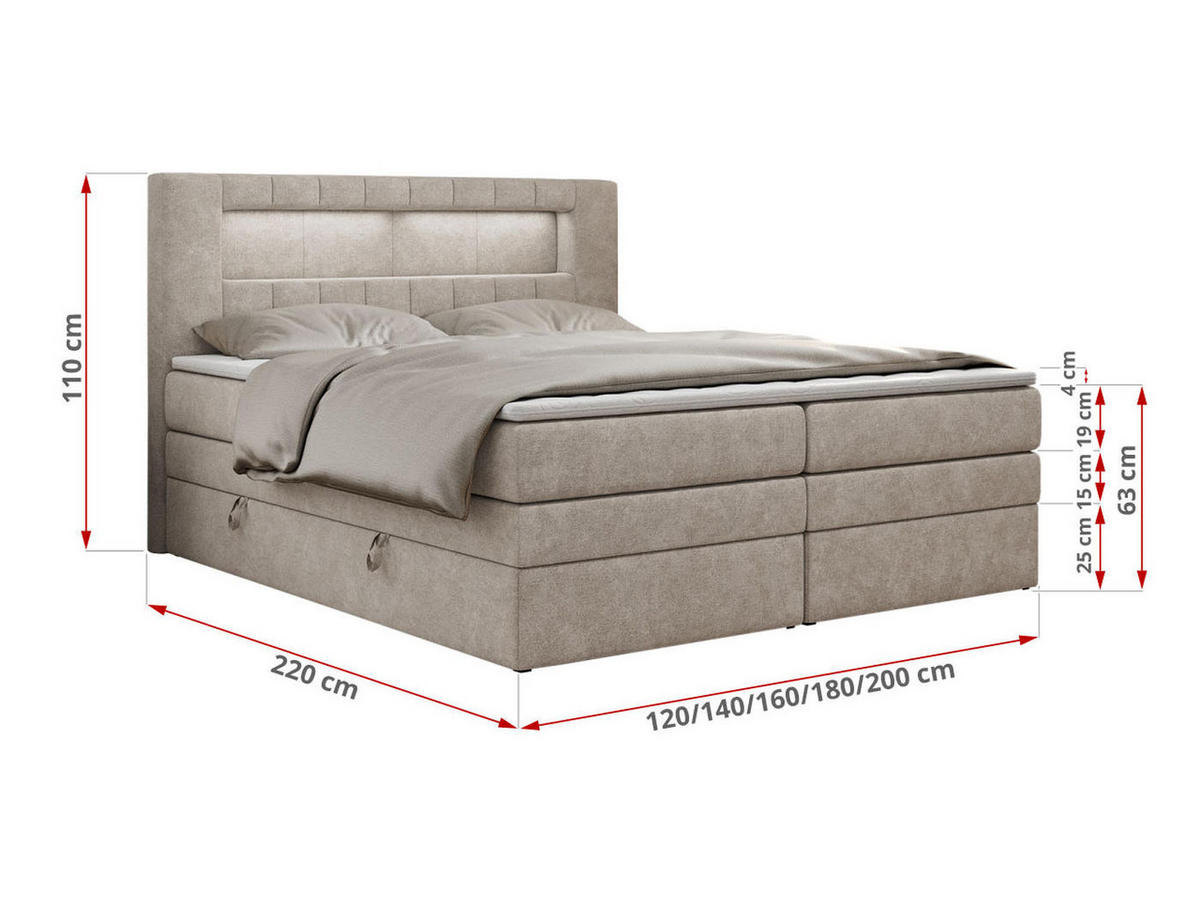 BOXSPRINGBETT GOLD-5 KING LED 180/200 Beige Struktur - H3 - Beige, Holz/Textil (180/200cm) - MKS