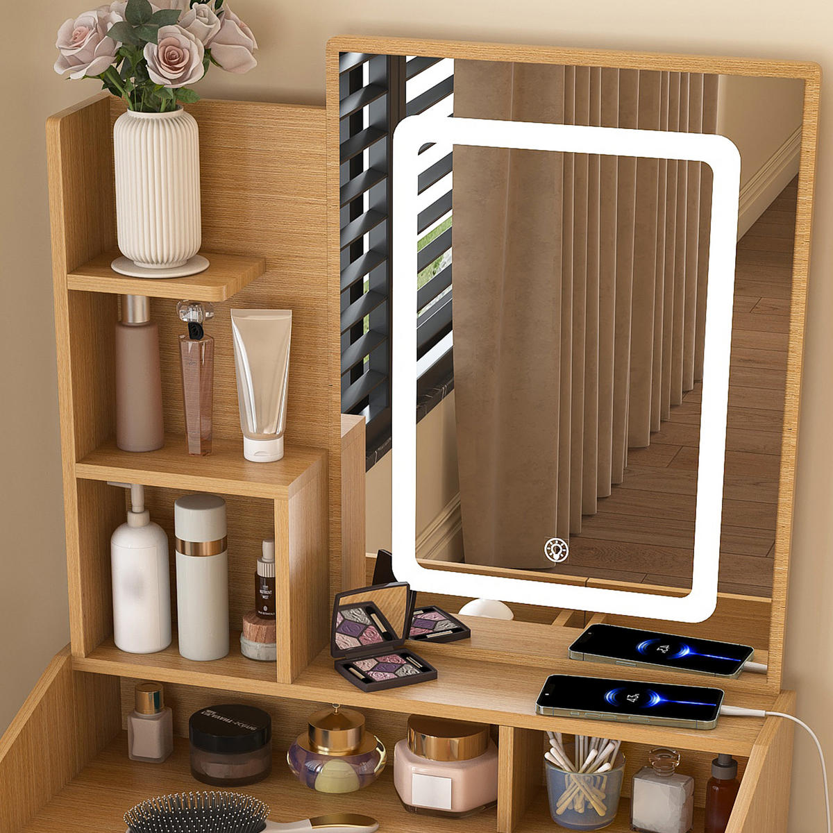 SCHMINKTISCH in Naturfarben Frisiertisch mit Hocker und LED, B60/H130/T36 cm für kleine Schlafzimmer und Wohnungen - Naturfarben, Holzwerkstoff (60/130/36cm) - STILVORA
