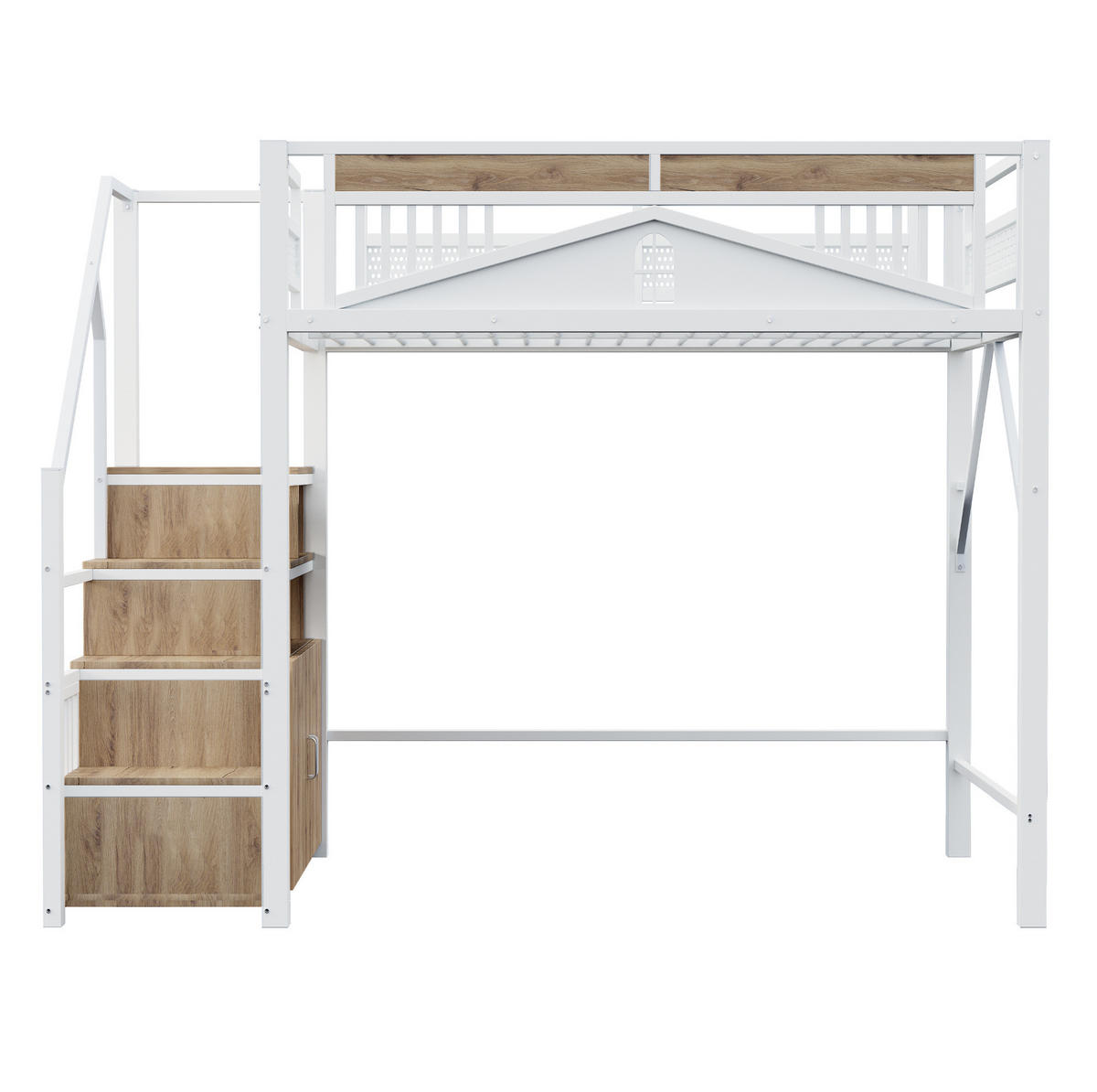 HOCHBETT 140/200 cm in Weiß mit Stauraumtreppe und Sicherheitsumrandung - Weiß, Metall (140/200cm) - BEAOK