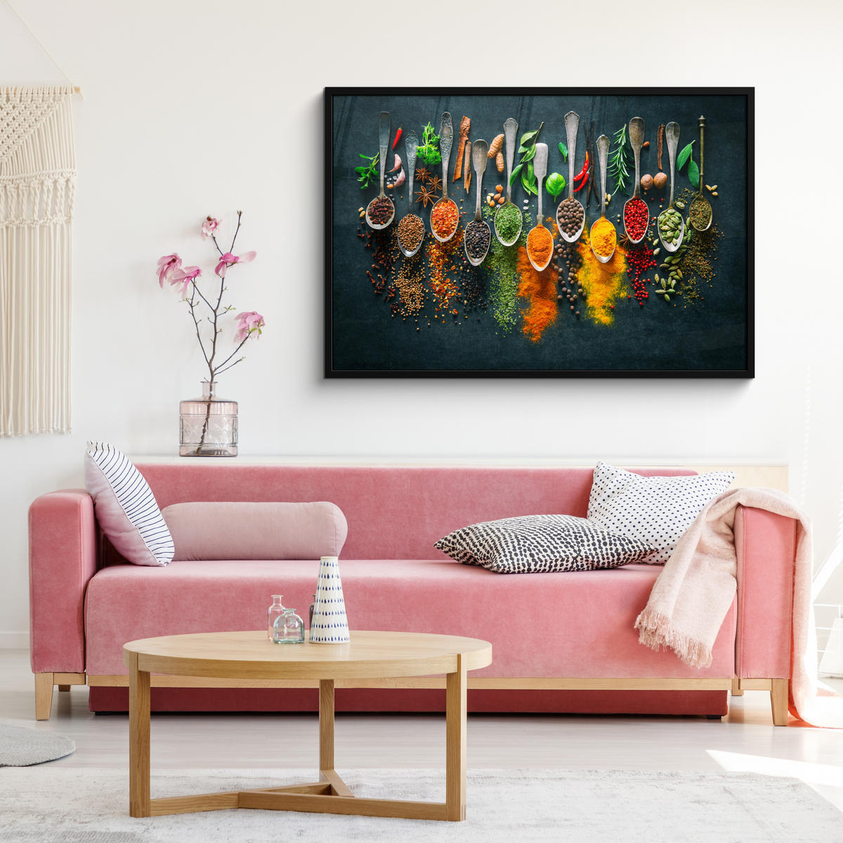 POSTER MIT RAHMENGERAHMTES BILD - Kräuter - Gewürze - Löffel - 120x80 cm - Currygelb, Papier (120/80cm) - MuchoWow