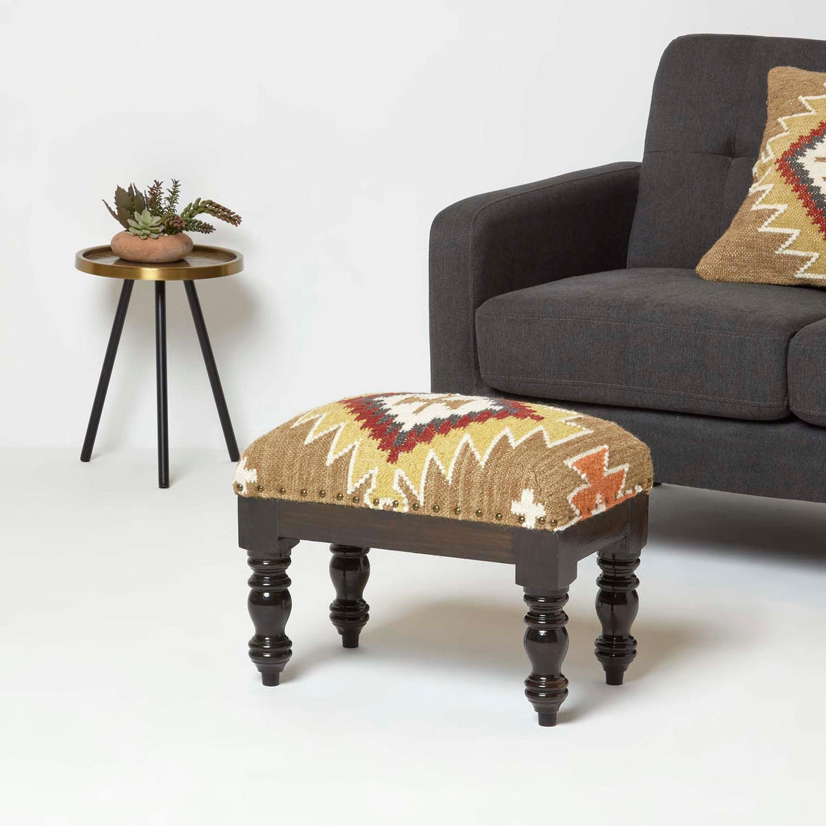 KELIM-HOCKER Jaipur mit Holzbeinen, Ethno-Muster, 50/40/30 cm - Multicolor, Textil (30/40/50cm) - Homescapes
