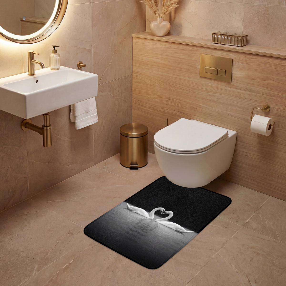 WC PŘEDLOŽKA Labutě - srdce - černá - bílá 50x80 cm - černá, textil/plast (50/1cm) - OnlyWow