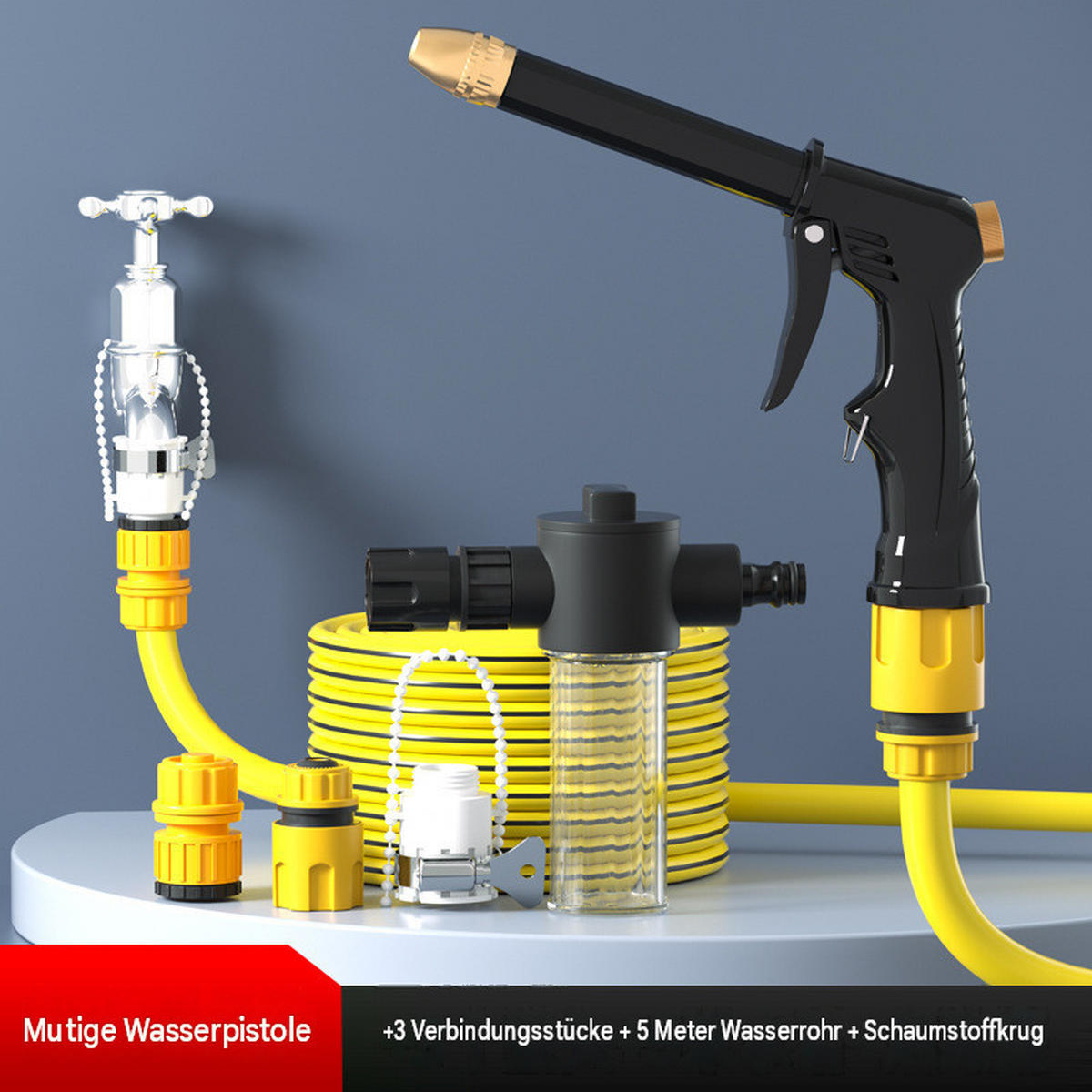 GARTENSPRITZPISTOLE + 3 Verbindungsstücke + 5-Meter-Wasserschlauch - Schwarz, Metall (20/17/3cm) - Vallsero