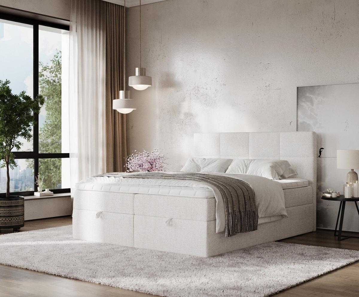 BOXBETT Velto 160/200 cm Creme im Neve Stoff - Creme/Schwarz, Holz/Holzwerkstoff (160/200cm) - AltaBeds