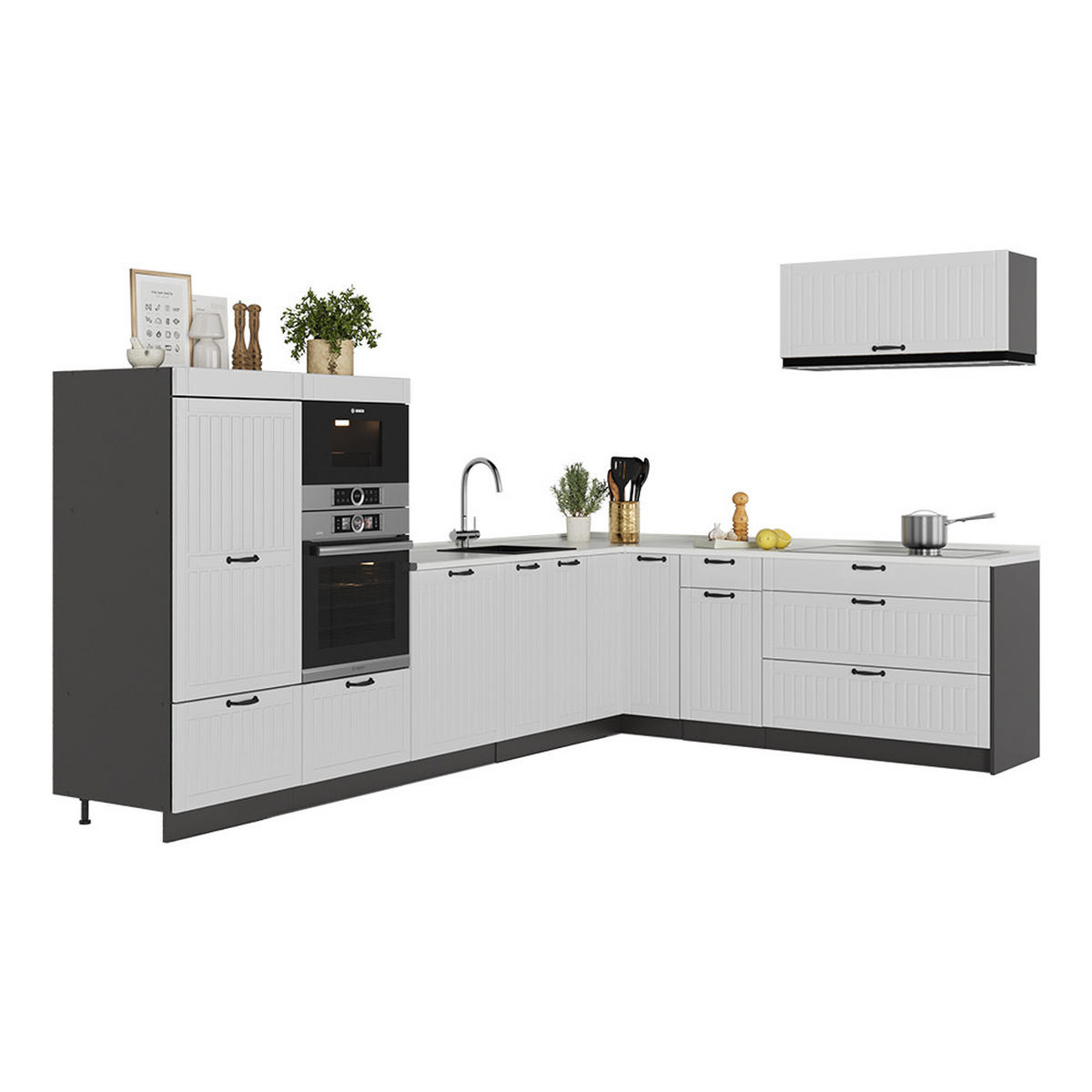 ECKKÜCHE Fame-Line, Weiß Landhaus/Anthrazit, 327 x 227 cm ohne Arbeitsplatte - Anthrazit/Weiß, Holzwerkstoff (327/153.6/51.6cm) - Vicco