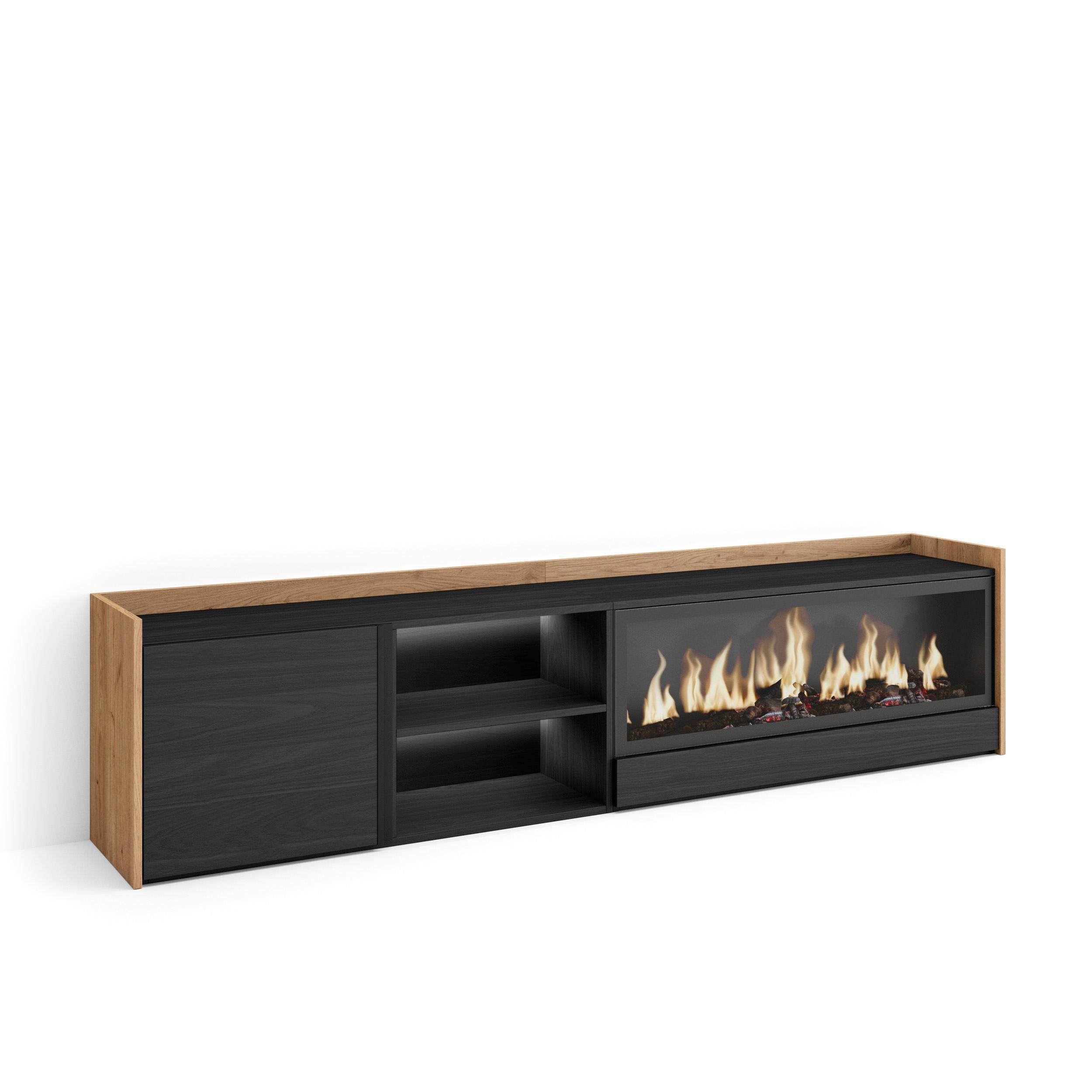 LOWBOARD, Schwarz und Eiche, 212/35/50cm, Kamin mit Feuereffekt XXL - Schwarz, Holzwerkstoff (212/50/35cm) - Skraut Home