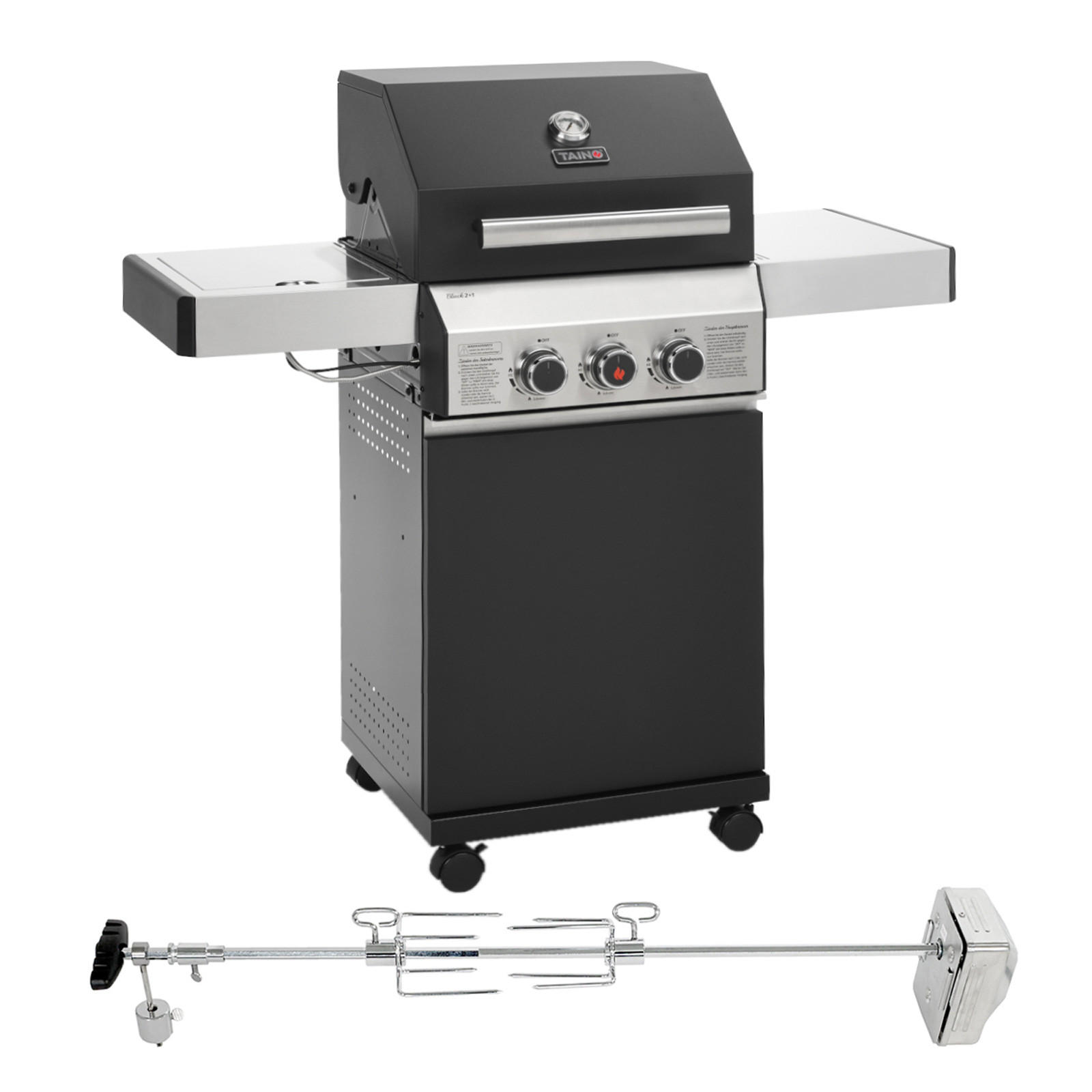 GASGRILL BLACK 2+1 Set mit Drehspieß - Schwarz, Metall (116/115/50cm) - TAINO