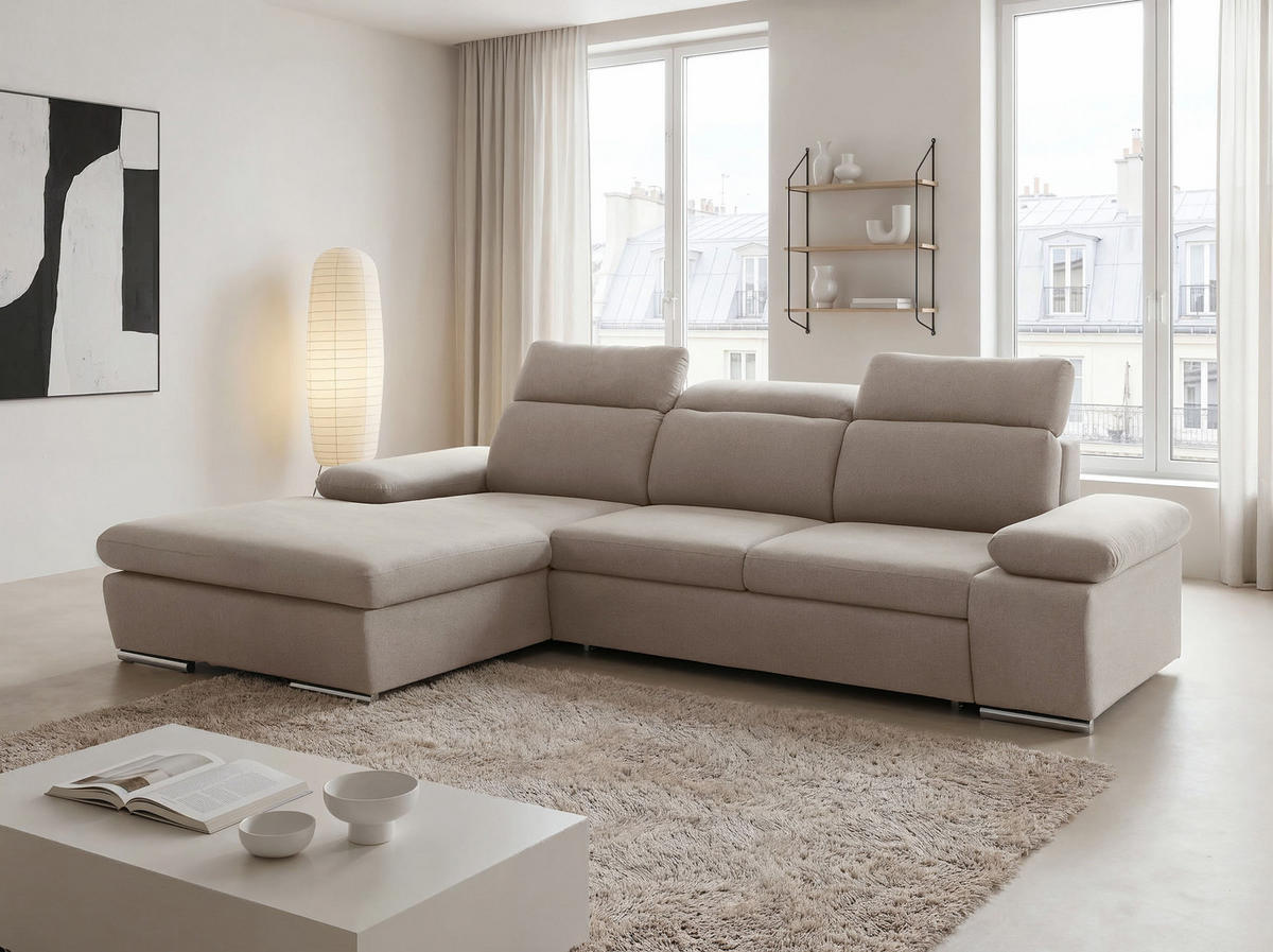 ECKSOFA PABLO mit Schlaffunktion und Bettkasten Beige - Beige, Holzwerkstoff/Kunststoff (250/90cm) - Idohome