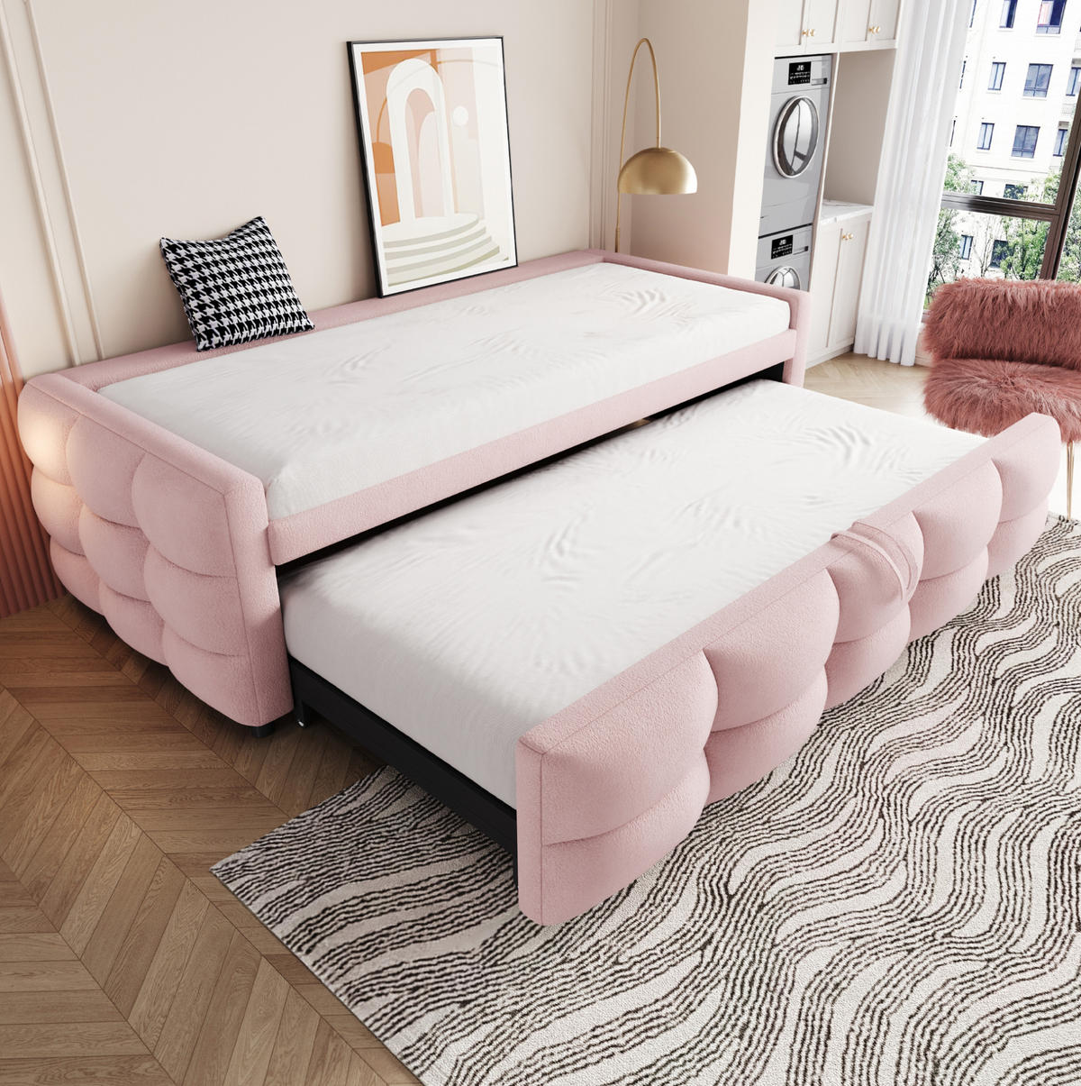 POLSTERBETT 90/180/190 cm Rosa aus Teddy mit Ausziehfunktion - Rosa, Textil (90/190cm) - OKMYHOME