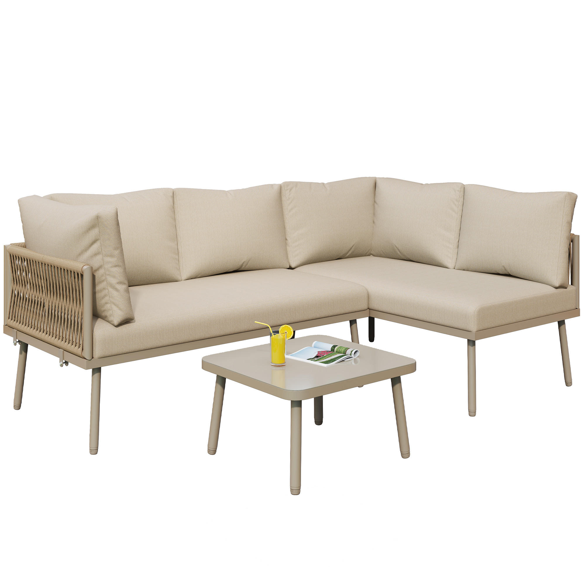 GARTEN-SOFA L-Form Set Khaki - Beige, Metall - ComfortXL