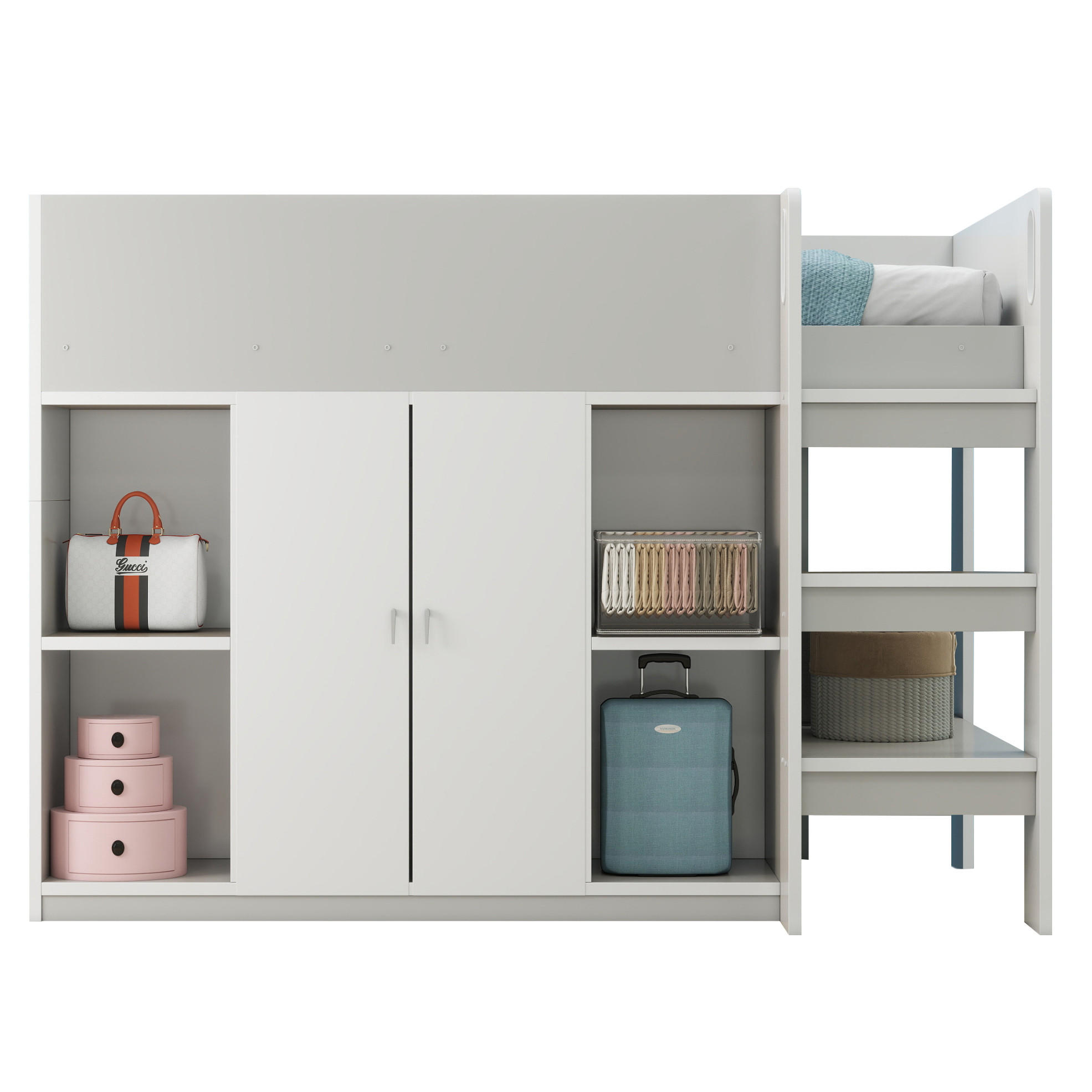 HOCHBETT 90/200 cm in Grau/Weiß mit Schrank, Regalen und Leiter - Grau, Holz (90/200cm) - Flora Grace