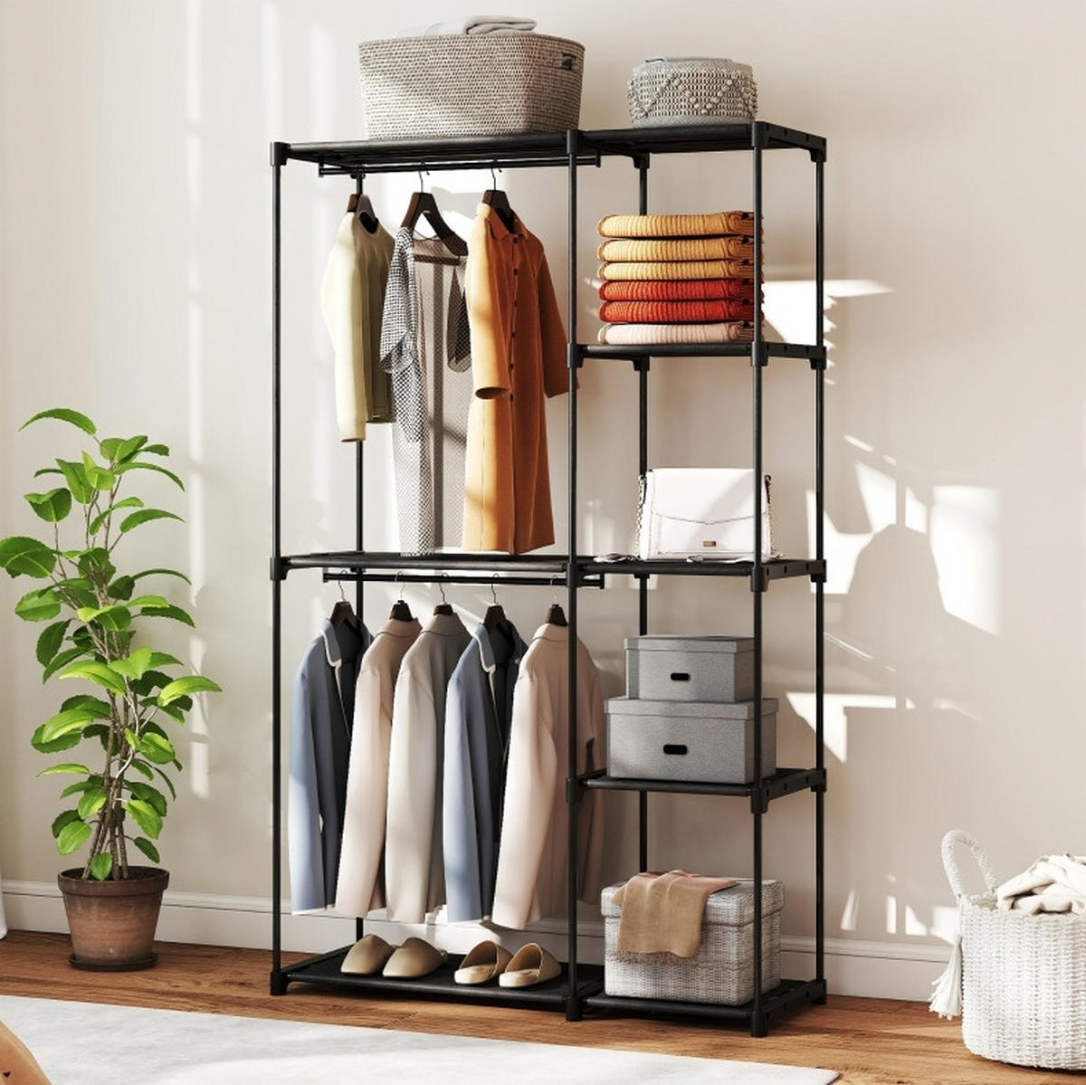 STOFFSCHRANK mit Kleiderstangen & 6 Ablagen, 111/43/185 cm, Schwarz - Schwarz, Metall (43/185/111cm) - Redom