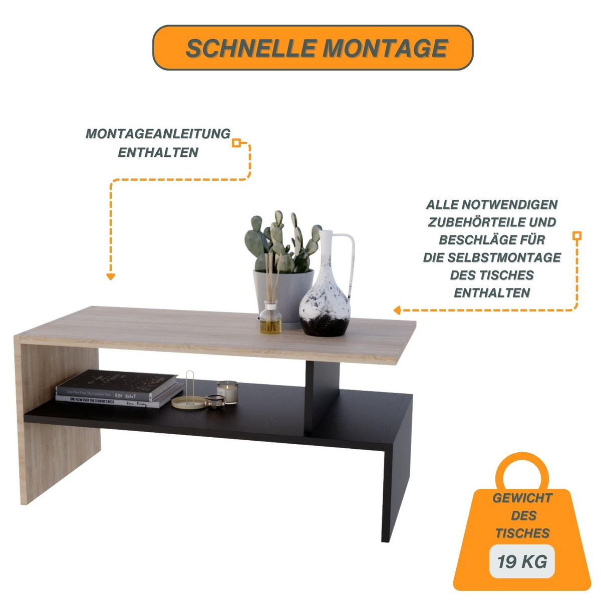 COUCHTISCH Holzwerkstoff rechteckig stabil Sonoma Eiche 50/45/93cm - Schwarz/Sonoma Eiche, Holzwerkstoff (50/93/45cm) - CraftPAK