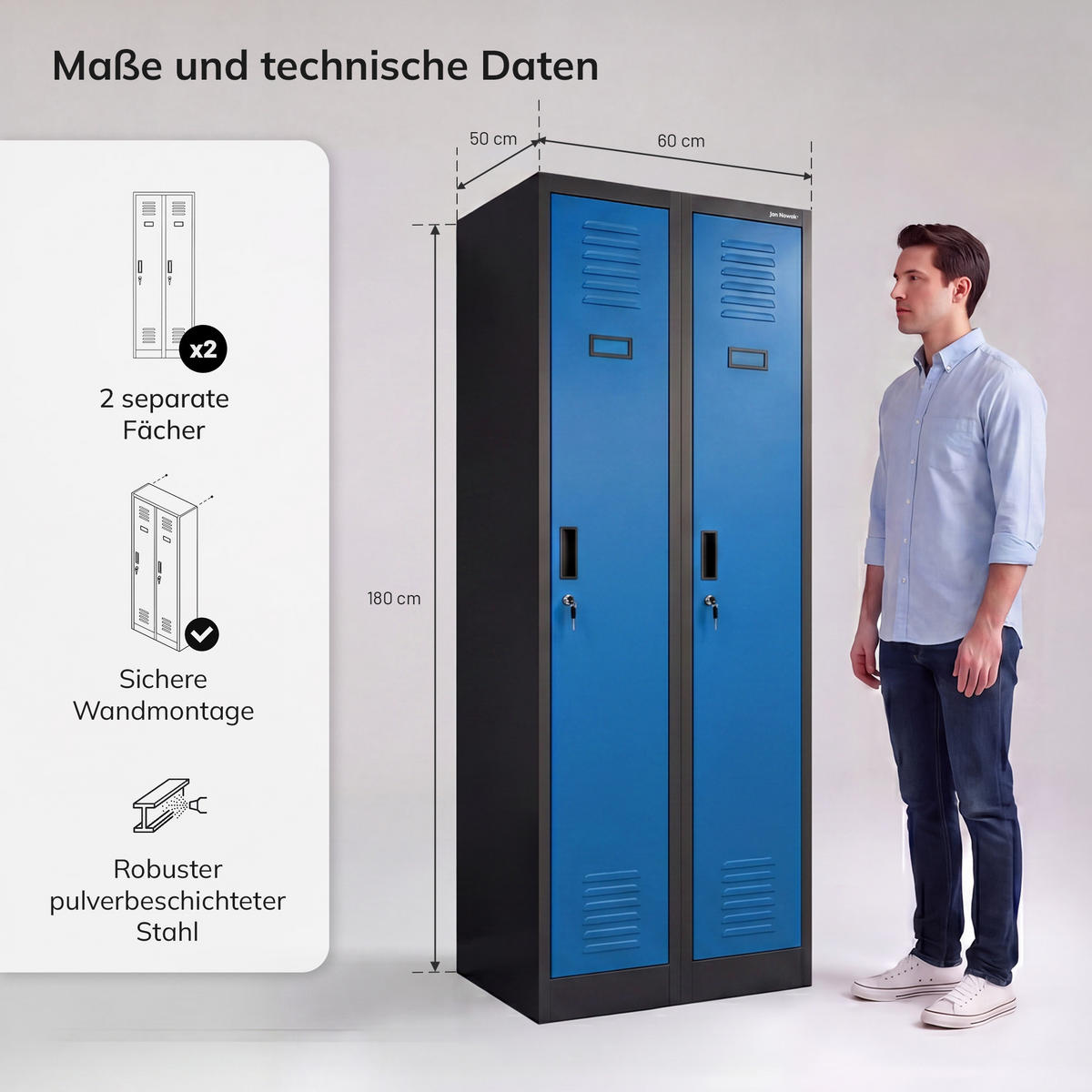 ZWEIFACH-PERSONALSCHRANK KACPER II 180x60x50 cm - Blau/Anthrazit, Metall (60/180/50cm) - Jan Nowak