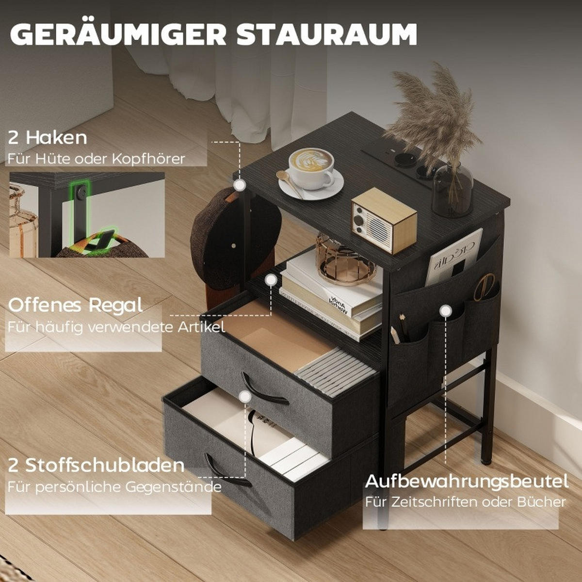 BEISTELLTISCH 40/30/60 cm mit Stromschiene, 2 Stoffschubladen und Haken, Holzwerkstoff und Stahl, Schwarz - Schwarz, Holz (40/30/60cm) - Redom