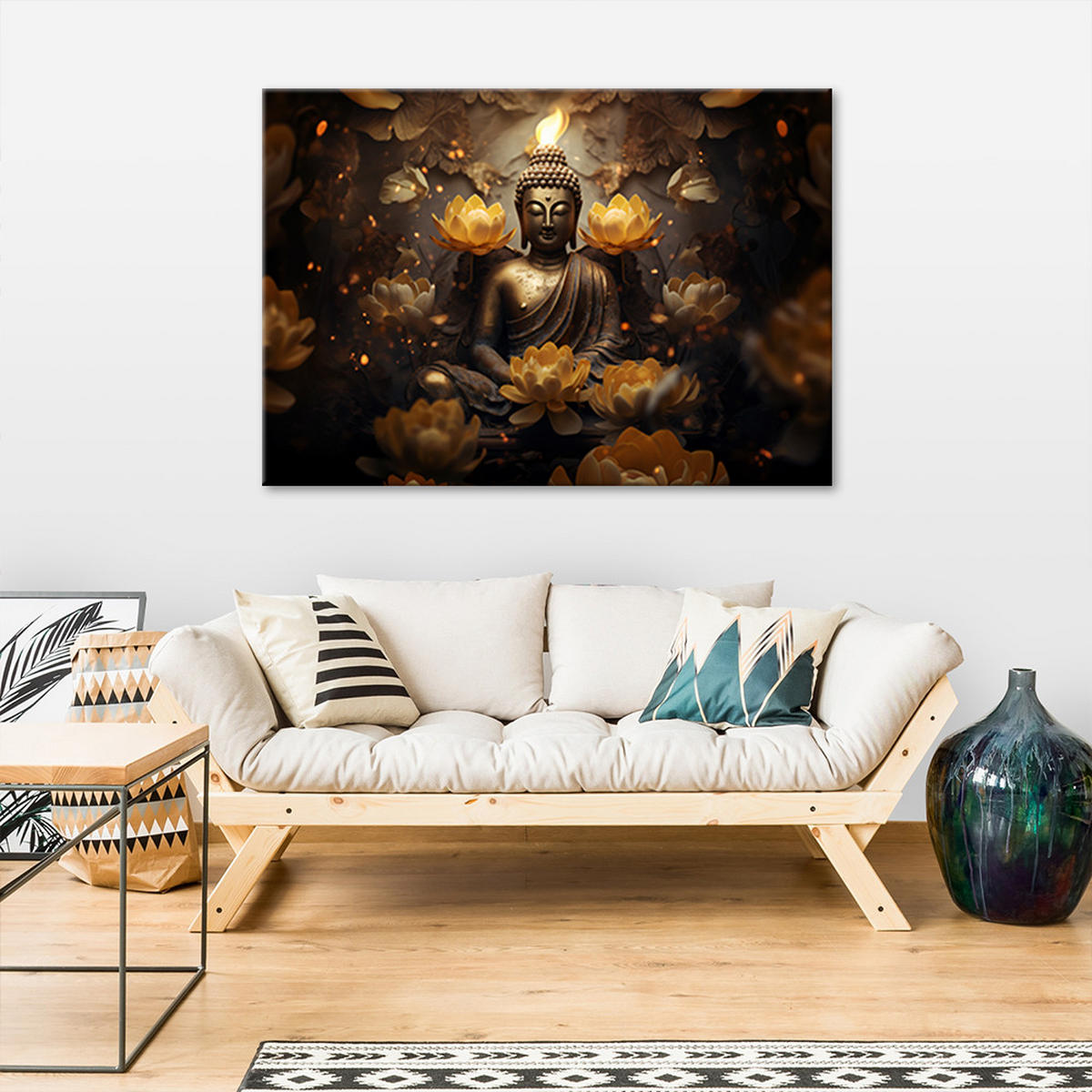 WANDBILD goldener buddha und lotosblumen - Goldfarben, Textil (60/40cm) - Feeby