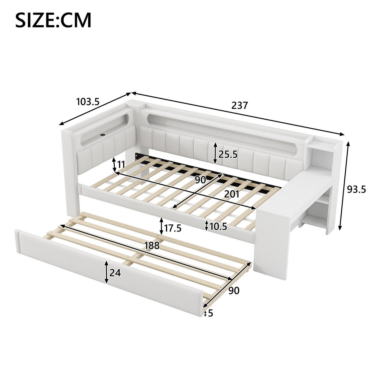 KREVET 90/200 cm s LED osvjetljenjem, USB priključkom, izvlačnim krevetom i radnim stolom, Bijeli - bijela, drvni materijal (90/200cm) - Redom