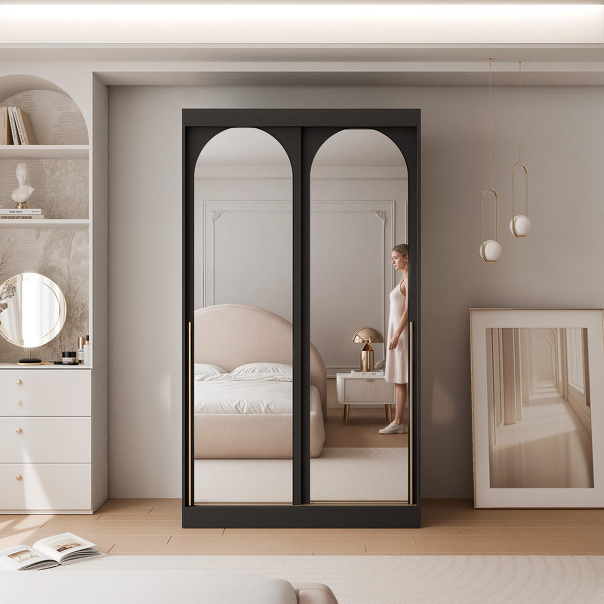 SCHWEBETÜRENSCHRANK CLARITY 2-türig 120/65/215 cm Schwarz / goldene Griffe - Goldfarben/Schwarz, Holzwerkstoff/Kunststoff (120/215/65cm) - Idohome