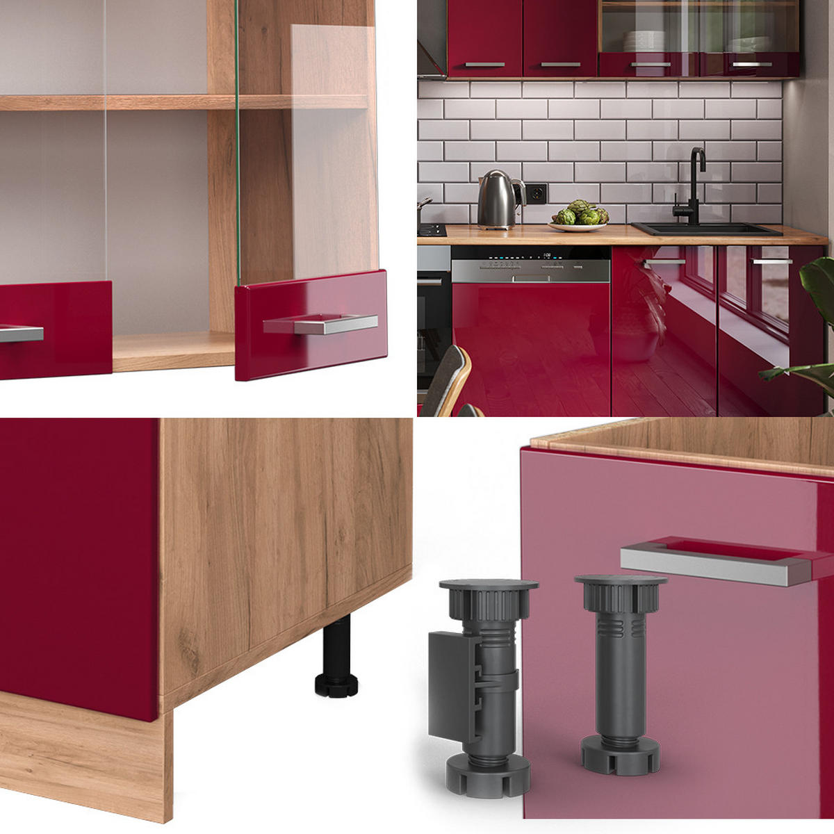 KÜCHENZEILE R-Line Rot Hochglanz/Goldkraft Eiche 300 cm , AP Eiche - Rot/Eiche Wotan, Holzwerkstoff (300/81.6/60cm) - Vicco