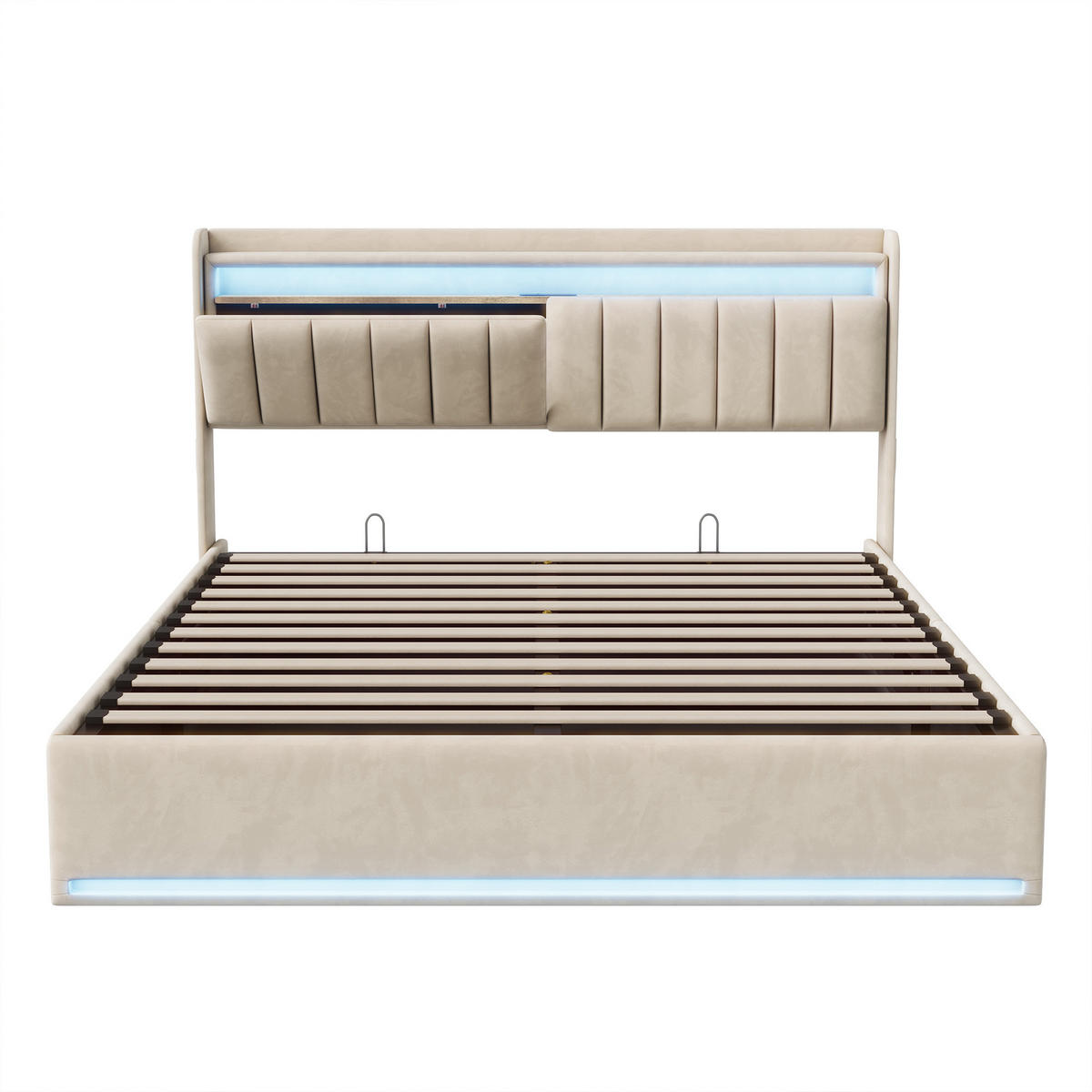 POLSTERBETT 160x200 cm mit LED, USB Und Type-C, Doppelbett mit Bettkasten 160x200, Stauraum, Beige Samt - Beige, Textil/Metall (160/200cm) - GENKI LIVING