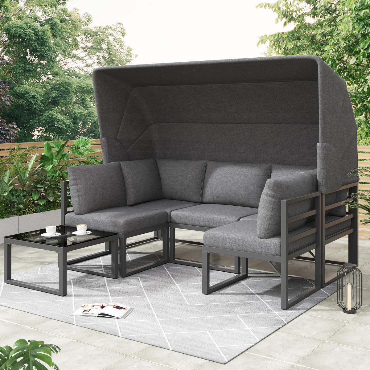 LOUNGESESSEL Set Iron Sunny Island mit Hocker Tisch und Markise 4teilig Wetterfest für Balkon Garten Grau mit Kissen - Grau, Metall