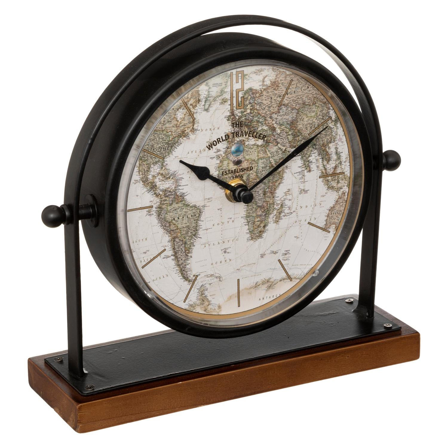 RETRO-TISCHUHR Zifferblatt mit Weltkarte Flavia 21/7/21 cm - Schwarz, Metall (7/21/21cm) - Atmosphera Createur d´interieur