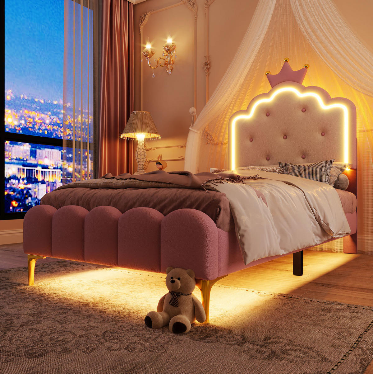 POLSTERBETT mit LED-Beleuchtung 90/200 cm in Rosa mit gepolstertem Kopfteil - Rosa, Kunststoff (90/200cm) - BEAOK