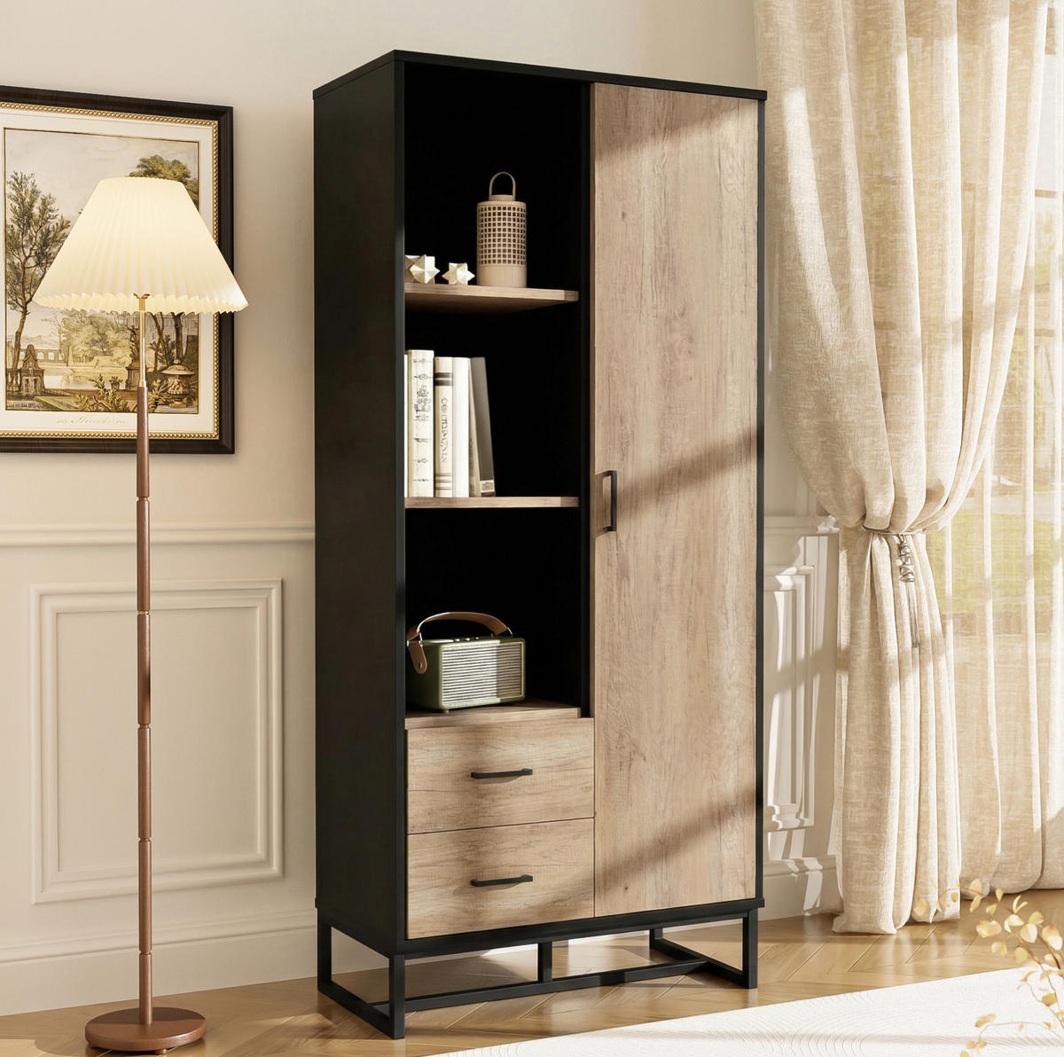 HIGHBOARD mit 1 Tür, 2 Schubladen 80x40x180 cm MDF Schwarz/Holzoptik - Schwarz, Holzwerkstoff (40/180/80cm) - Beauniv