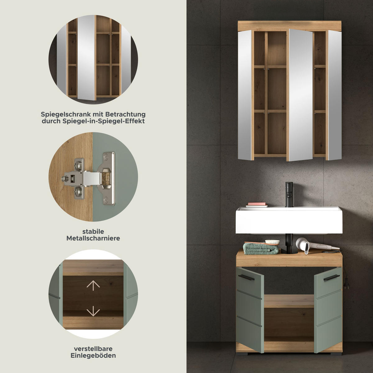 BADKOMBINATION 2tlg. Scout Bad in Artisan Eiche Nachbildung und Salbei Nachbildung B/H/T: 60x191x34 cm - Eiche Artisan, Holz (60/191/34cm)