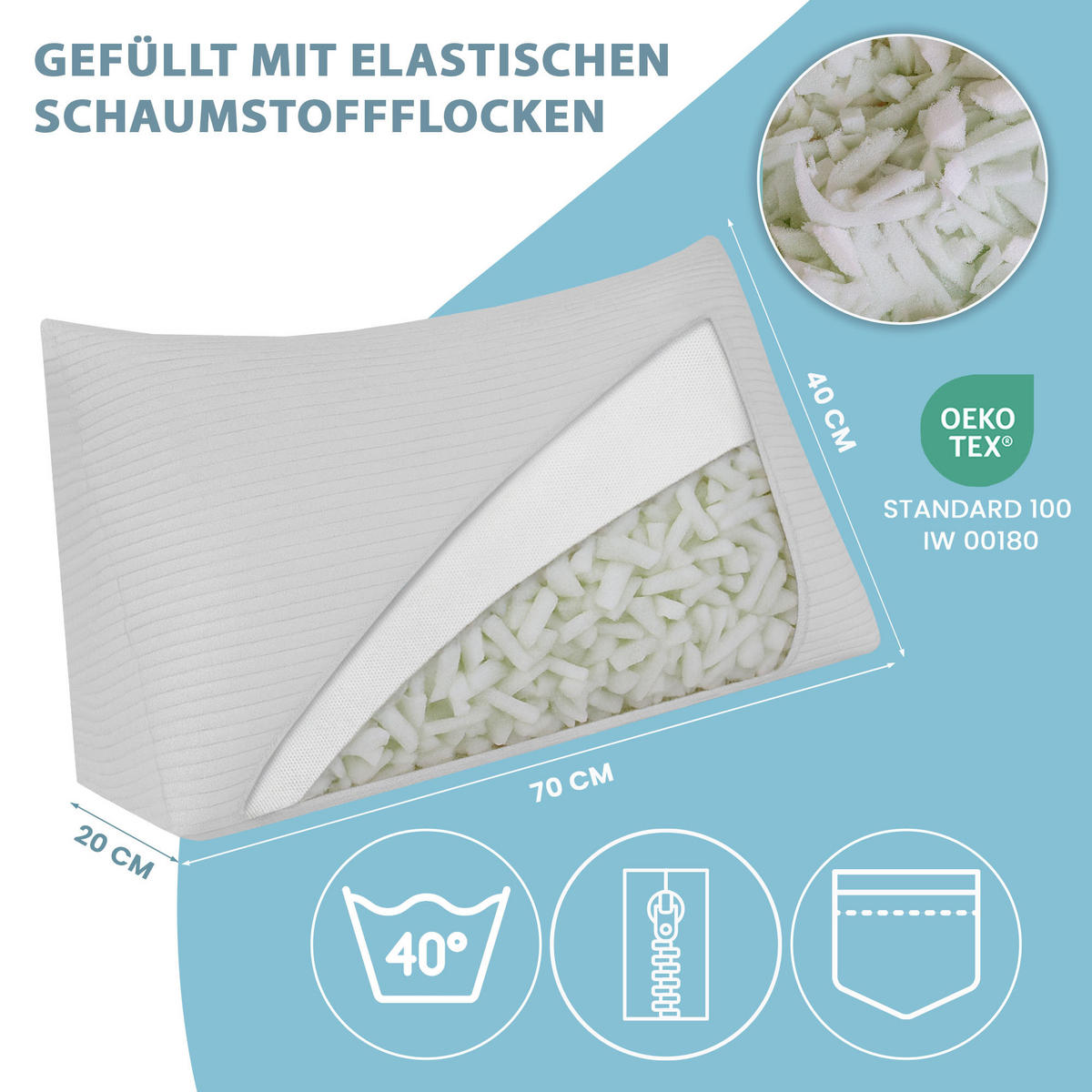 KEILKISSEN Cool Grey, 70/40/20 cm, Cord - Hellgrau, Textil (70/20cm) - Dreamroots
