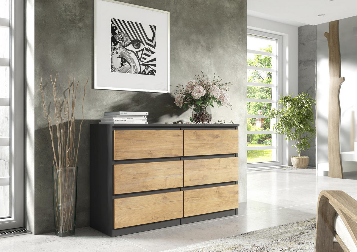 KOMMODE NUDO 120/78,5/39cm mit 6 Schubladen Türen Anthrazit - Eichefarben/Anthrazit, Holzwerkstoff (120/78.5/39cm) - MASSENO