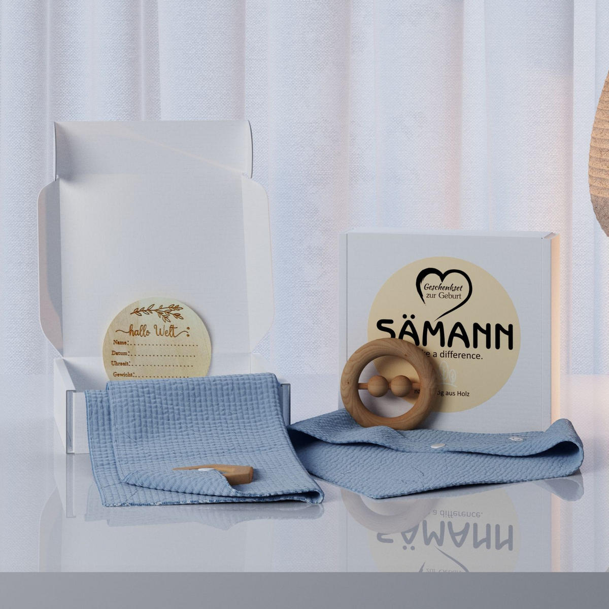 BABY Geschenkset 4-tlg. zur Geburt mit Halstuch, Rassel, Karte, Schmusetuch hellblau - Hellblau, Textil (10/10cm) - Sämann – make a difference.