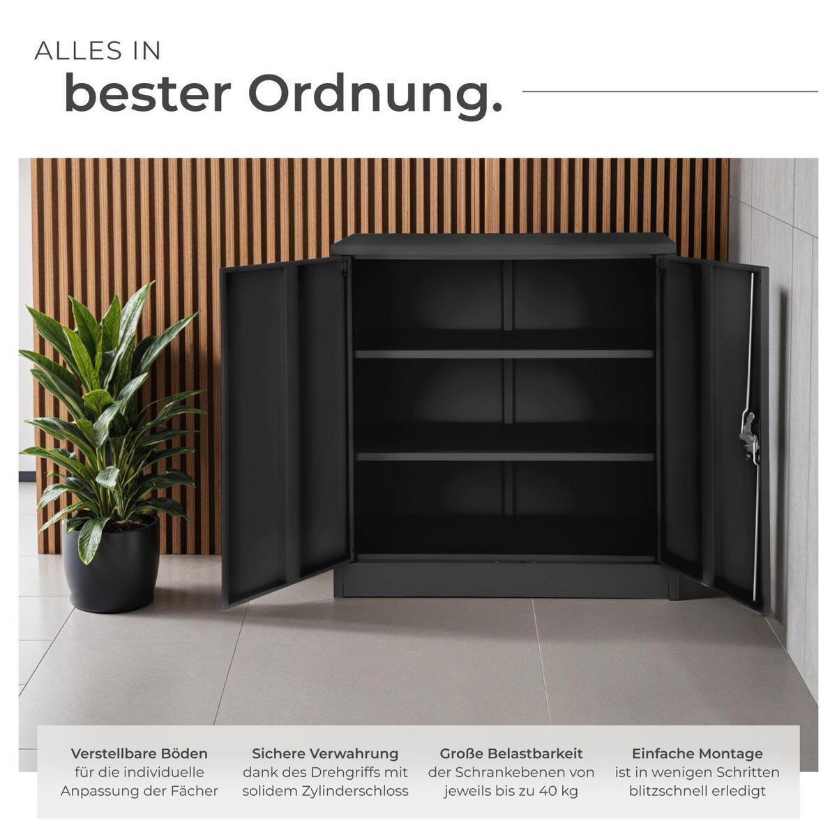 AKTENSCHRANK ,90 x 40 x 90 cm,schwarz - Schwarz, Metall (40/90/90cm) - tectake