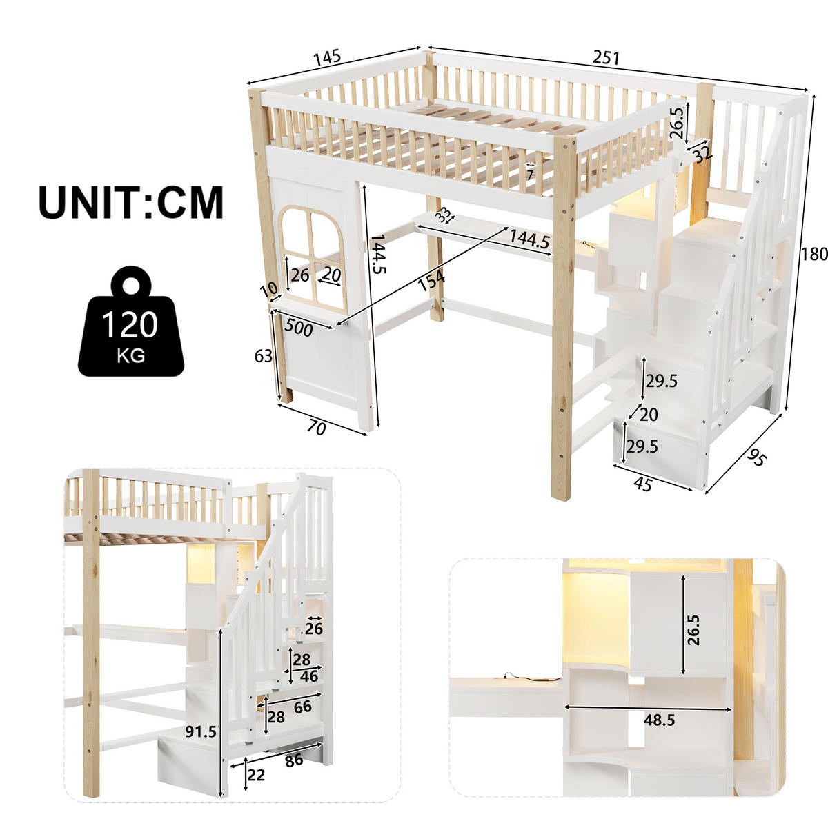 HOCHBETT 140/200 cm mit LED-Leuchten Fensterform Ablageleiter und Schreibtisch Weiß+Natur - Weiß, Holz (140/200cm) - OKWISH