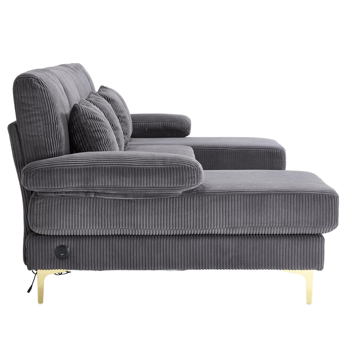 WOHNLANDSCHAFT Samt Grau mit LED und USB - Grau, Holzwerkstoff/Textil (265/88/135cm) - WISHDOR