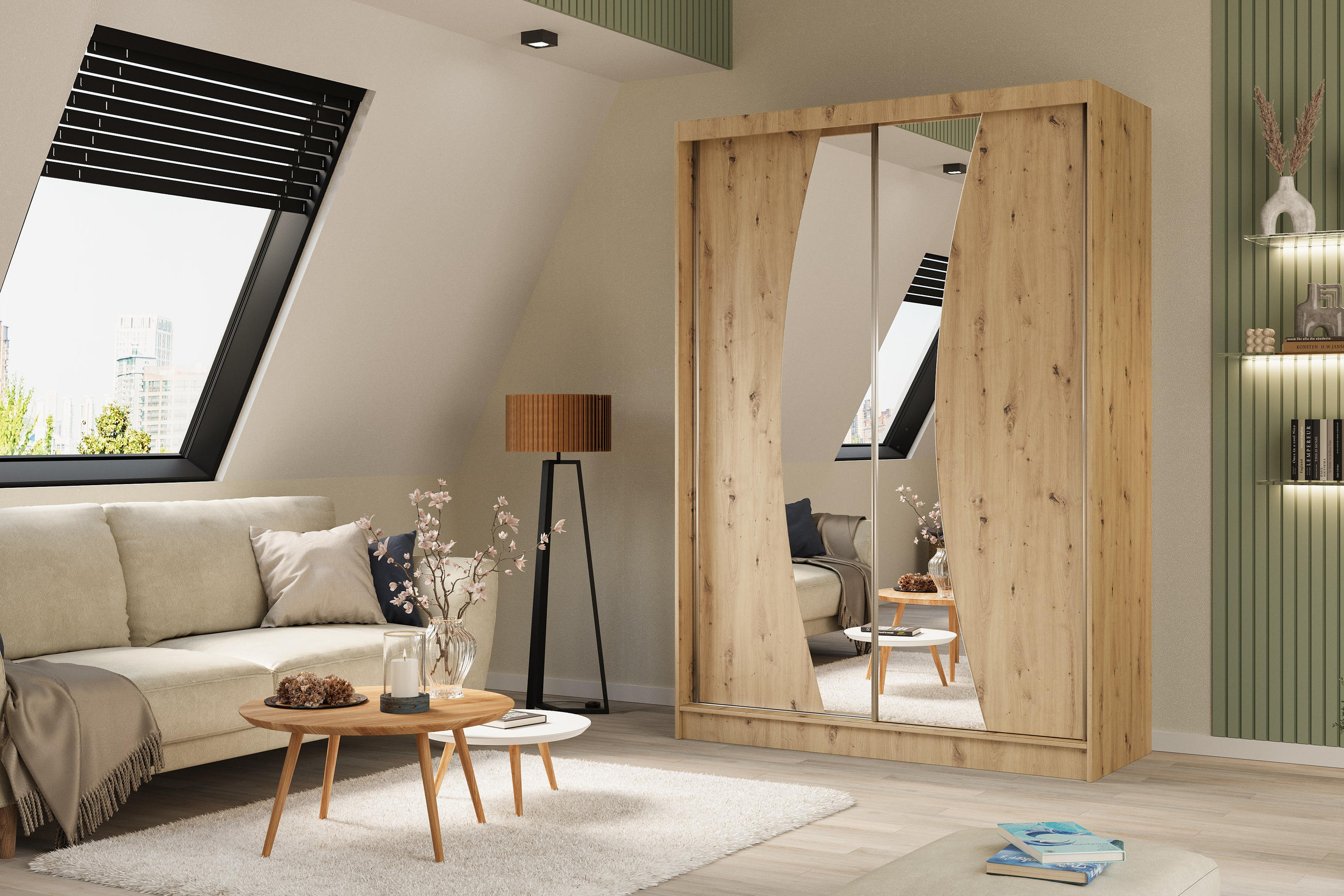 KLEIDERSCHRANK mit Spiegel-Schiebetüren und Aluminium-Leisten - VOXI - 150 cm Eiche Artisan - Eiche Artisan, Holzwerkstoff (150/216/61cm) - ALTDECOR