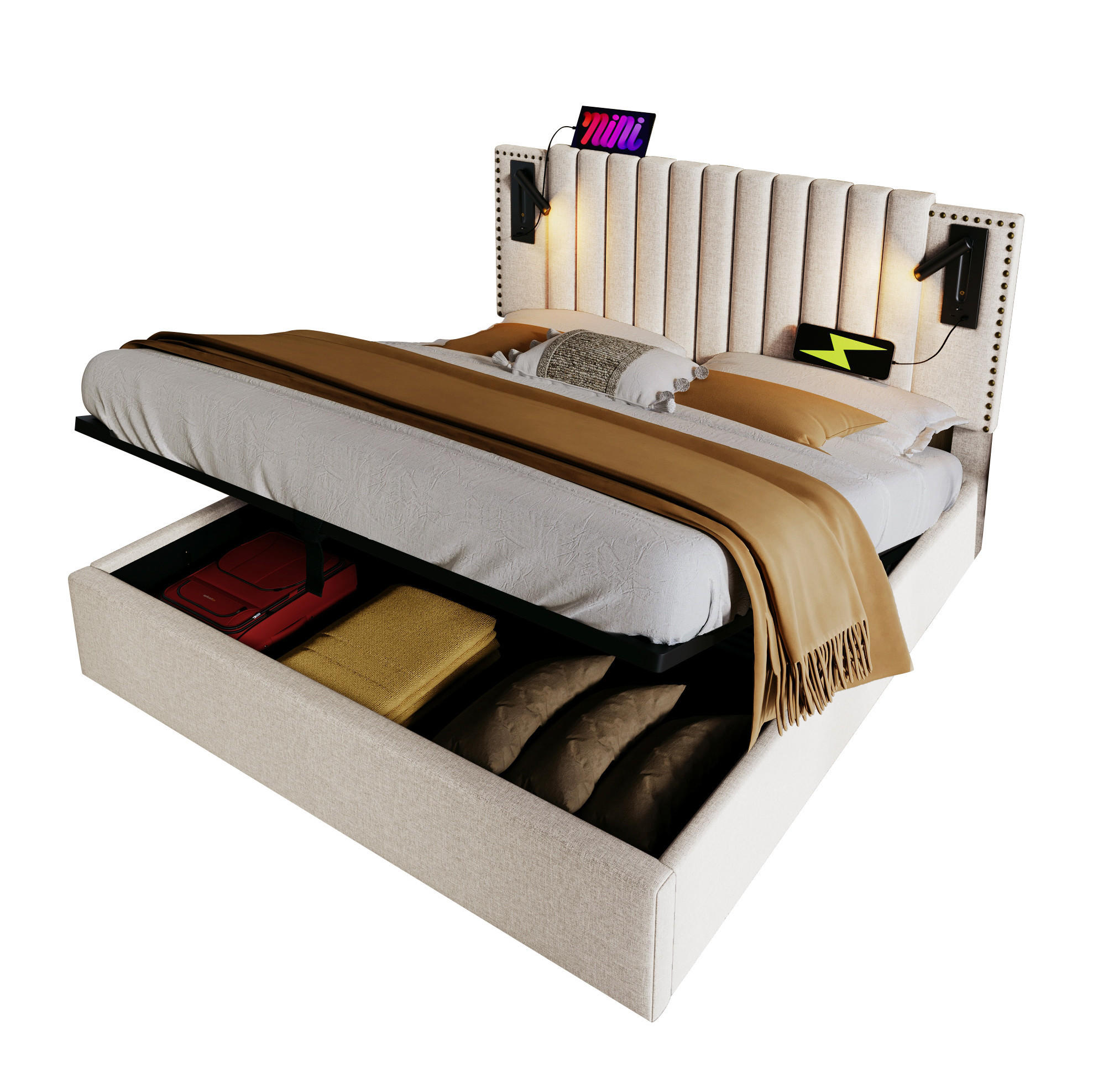 ČALOUNĚNÁ postel 140/200 cm z bavlny, béžová, s úložným prostorem a LED světlem - béžová, textil (140/200cm) - BEAOK