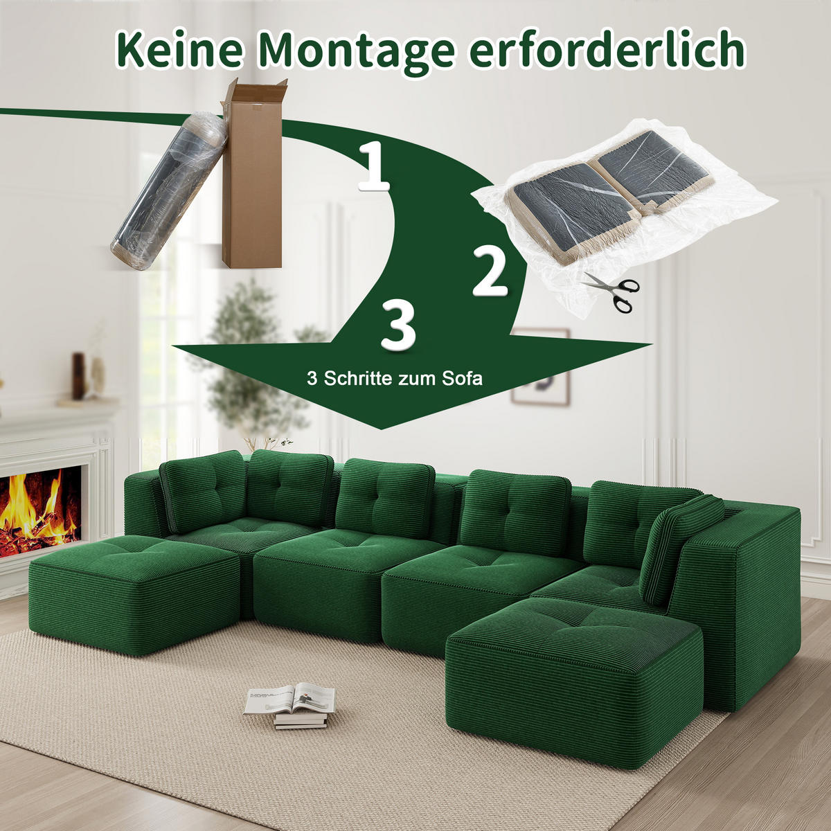 SITZGARNITUR mit Ottomane und modularer U-Form aus Cord - Grün, Textil (386/69/177cm) - EVRYAE