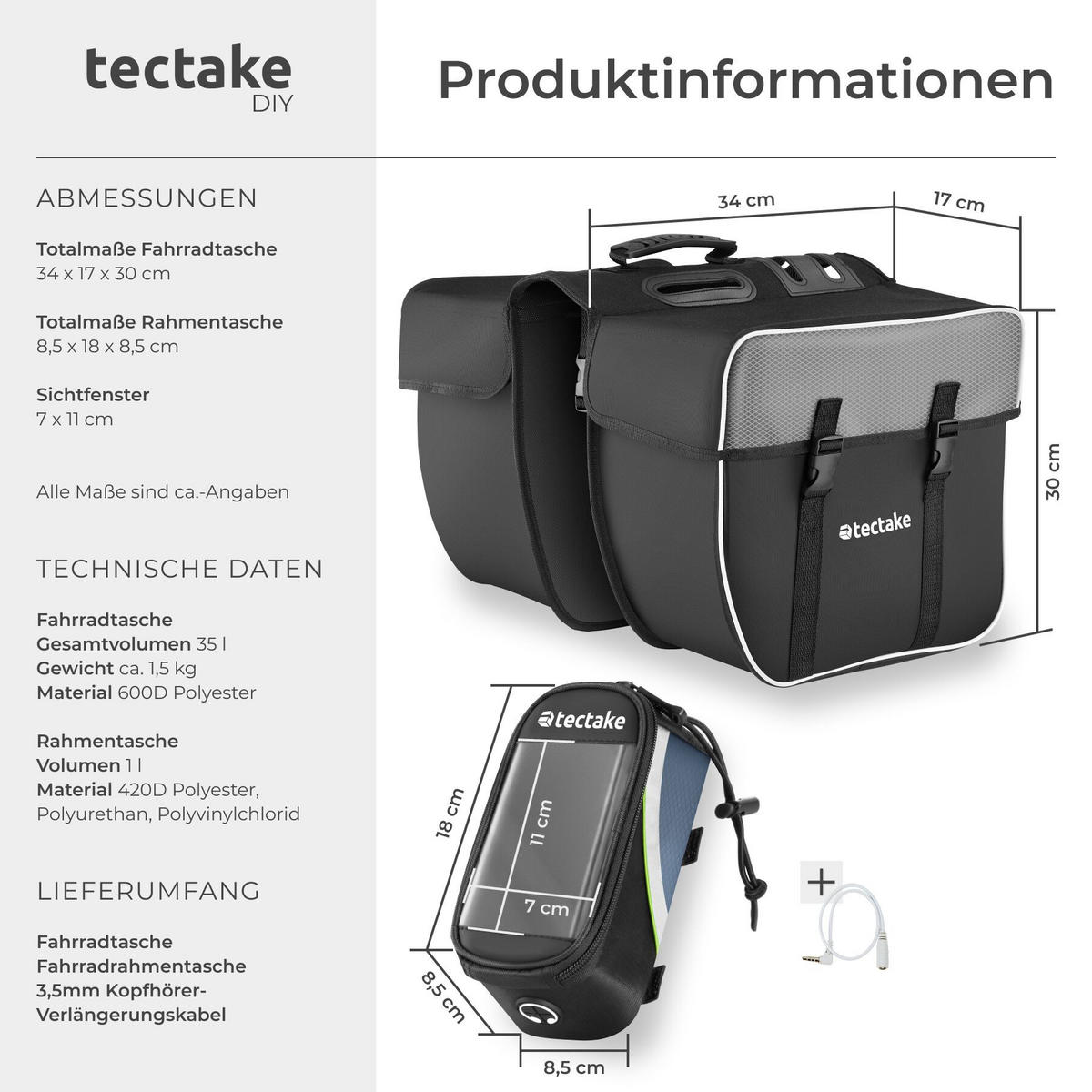 FAHRRADTASCHE Georg mit Fahrradrahmentasche, wasserabweisend und robust, schwarz/grün - Schwarz/Grün, Textil (8.5/8.5/18cm) - tectake