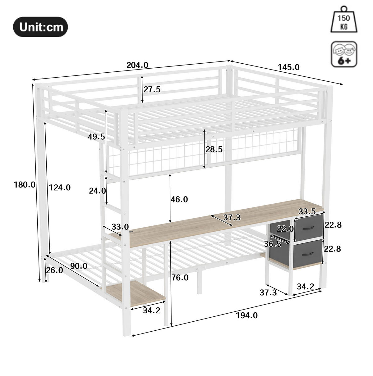 VISOKA postelja 140/200 cm bela z mizo, LED osvetlitvijo, predali in policami iz kovine in MDF - bela, kovina (140/200cm) - OKWISH