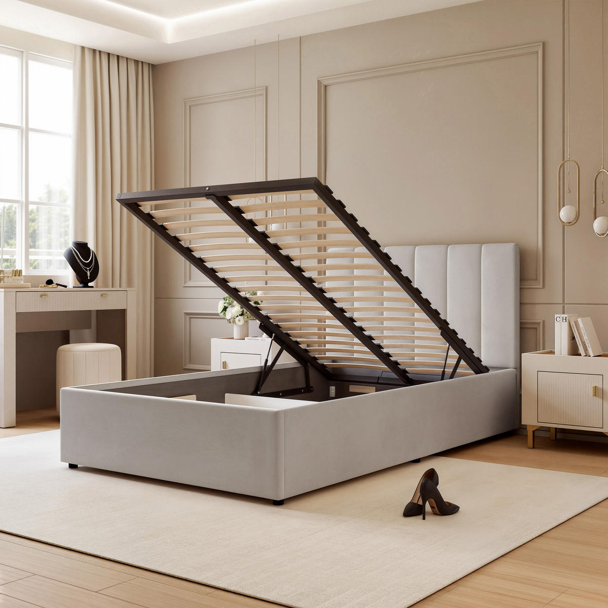 POLSTERBETT AVENA 120/200 cm Bettkasten, Hellgrau - Hellgrau/Schwarz, Holzwerkstoff/Textil (120/200cm) - Idohome