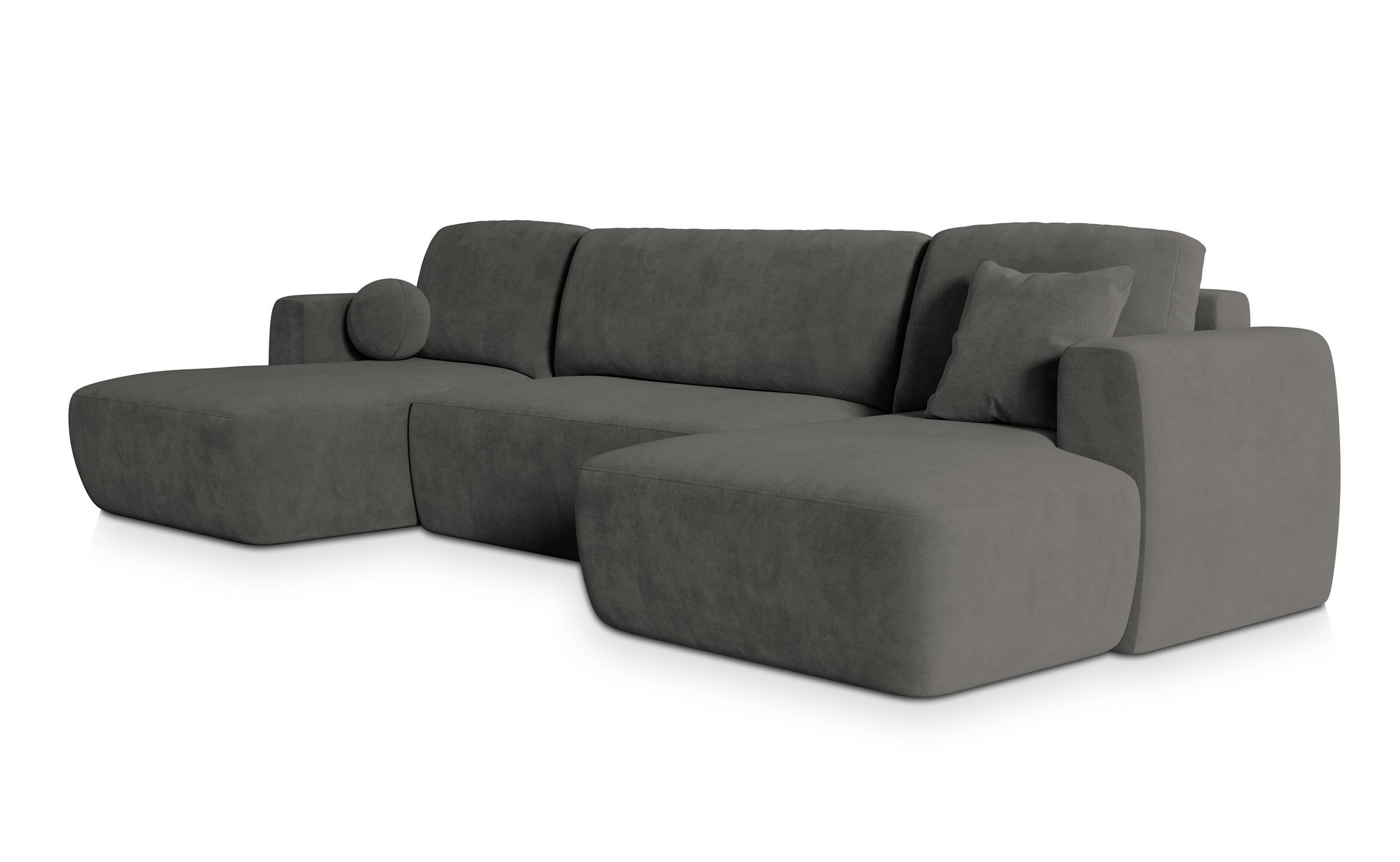 WOHNLANDSCHAFT SENTUM K Grau Plüsch-Stoff mit Schlaffunktion - Grau, Holz (330/90/148cm) - MASSENO