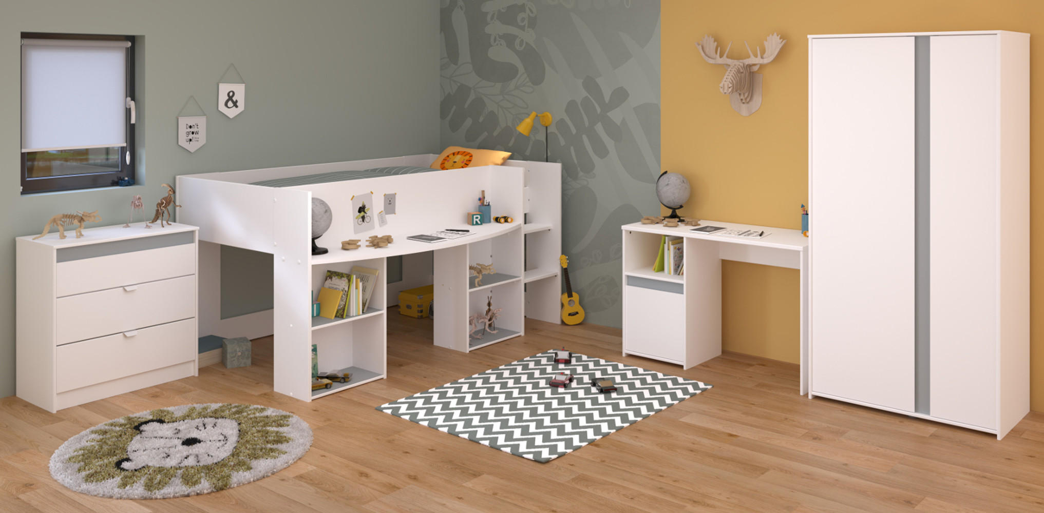 KINDERZIMMER Set 4-teilig, Hochbett 90x200 Kommode Schreibtisch und Kleiderschrank - Weiß, Holzwerkstoff (203/182/132cm) - Parisot Meuble