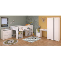 KINDERZIMMER Set 4-teilig, Hochbett 90x200 Kommode Schreibtisch und Kleiderschrank - Weiß, Holzwerkstoff (203/182/132cm) - Parisot Meuble