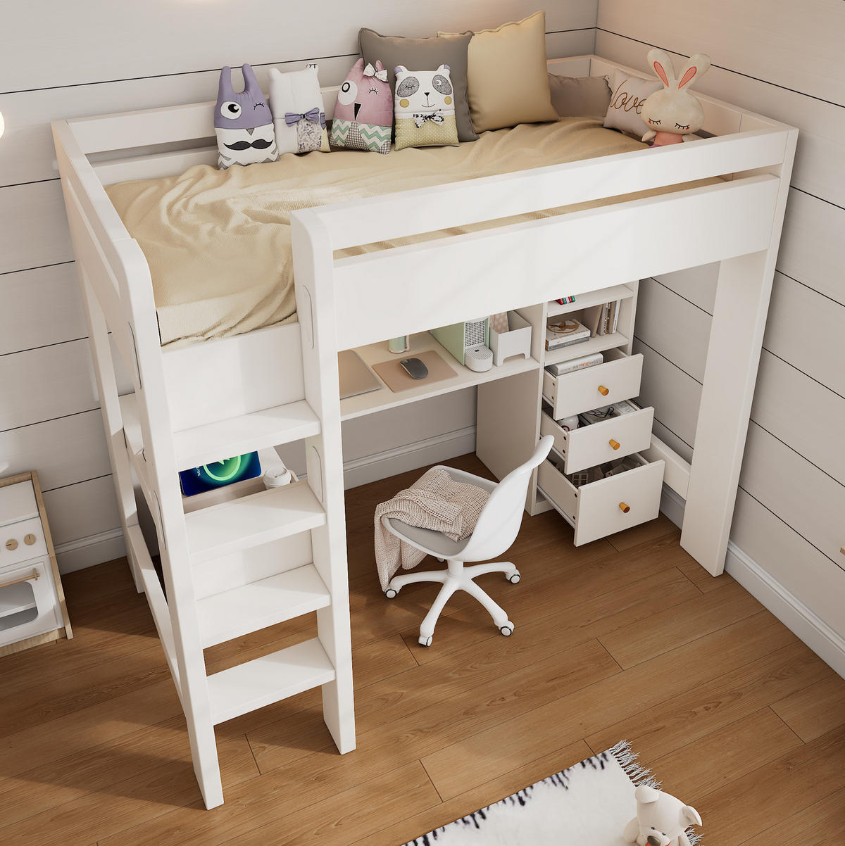 HOCHBETT mit Schreibtisch 90/200 cm in Weiß – mit Stauraum und Leiter - Weiß, Holzwerkstoff (90/200cm) - BEAOK
