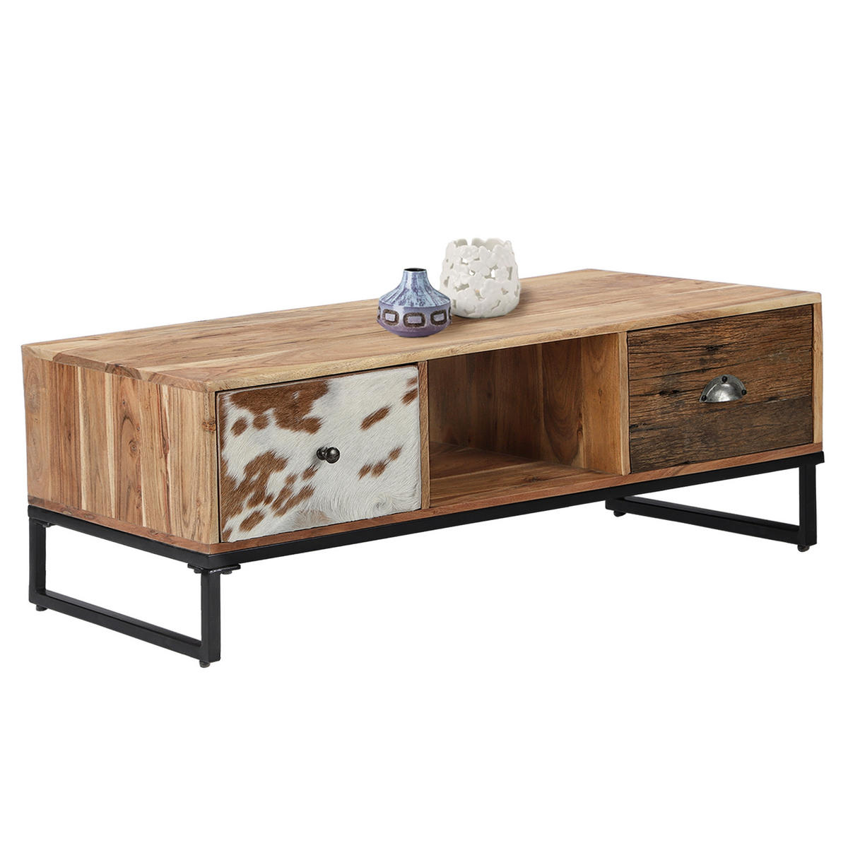 TV LOWBOARD 110x50 cm mit 2 Schubladen aus Holz, Leder und Metall - Schwarz/Braun, Holz/Metall (50/40/110cm) - WOMO-DESIGN