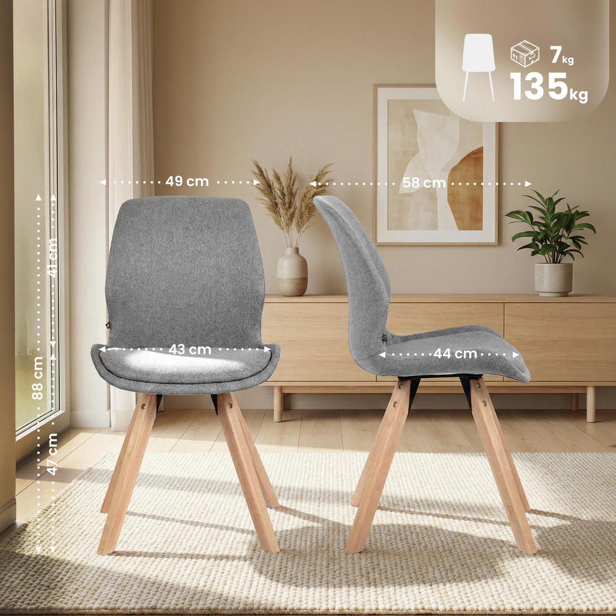 STUHL Stoff Grau - Eukalyptusholzfarben/Grau, Holz/Textil (49/87/58cm) - CLP