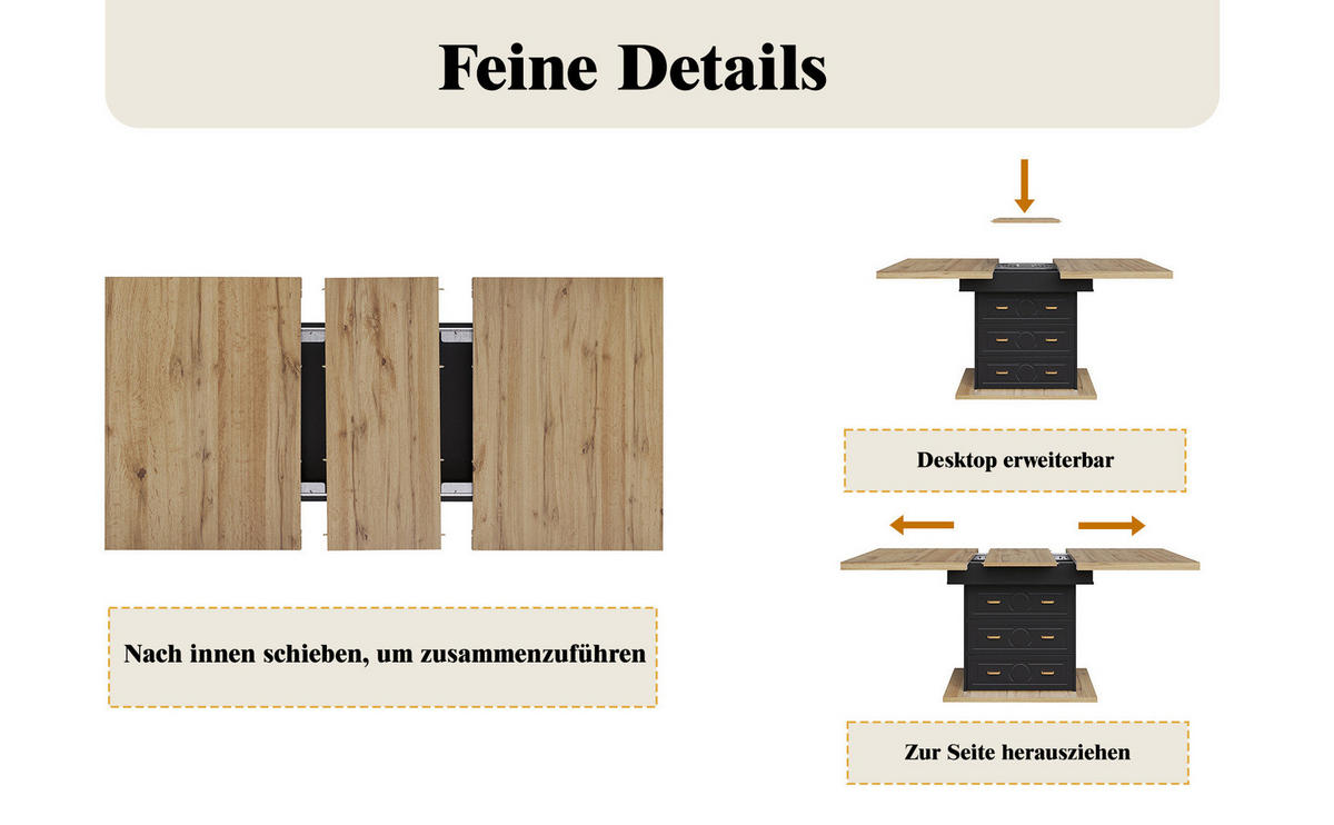 ESSTISCH, MDF in Holzoptik mit Auszug & Stauraum, 110–140/80/75 cm, Schwarz - Schwarz, Holzwerkstoff (110/80/75cm) - Redom