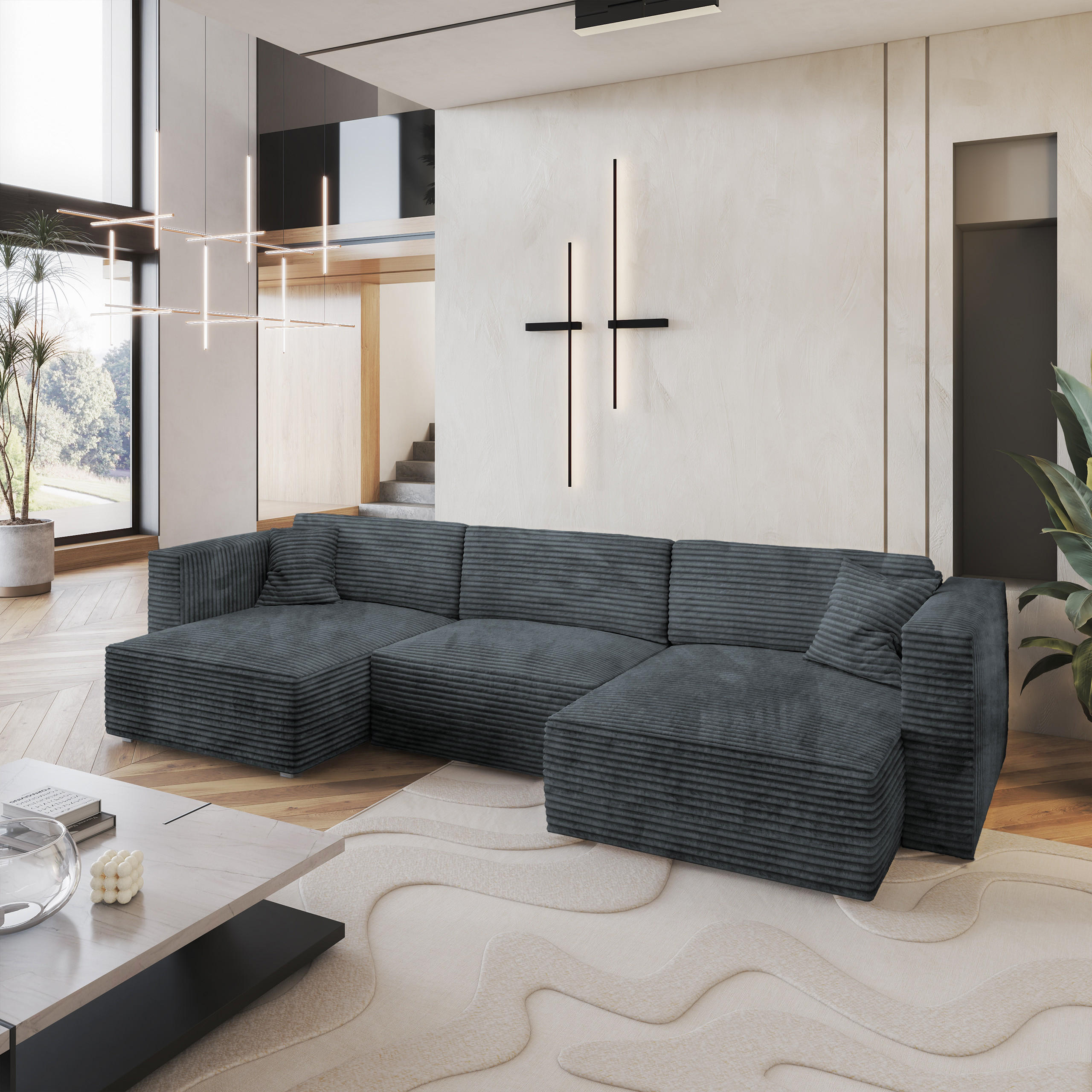 WOHNLANDSCHAFT SARMO Grau Kordstoff mit Schlaffunktion - Grau, Holz (347/90/148cm) - MASSENO